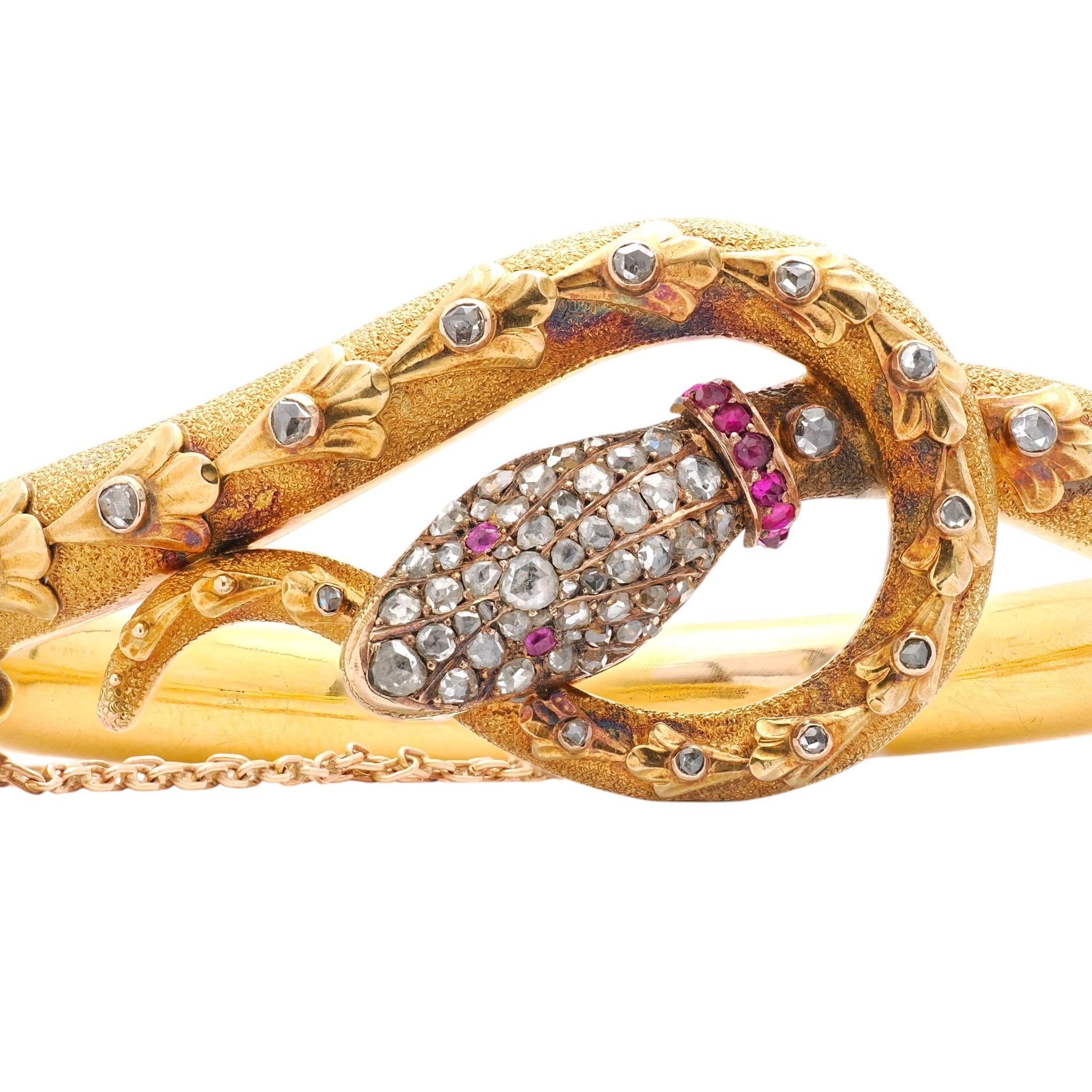 Victorian 2.53 CTW Diamond Ruby 14K Yellow Gold Antique Snake Bangle Bracelet