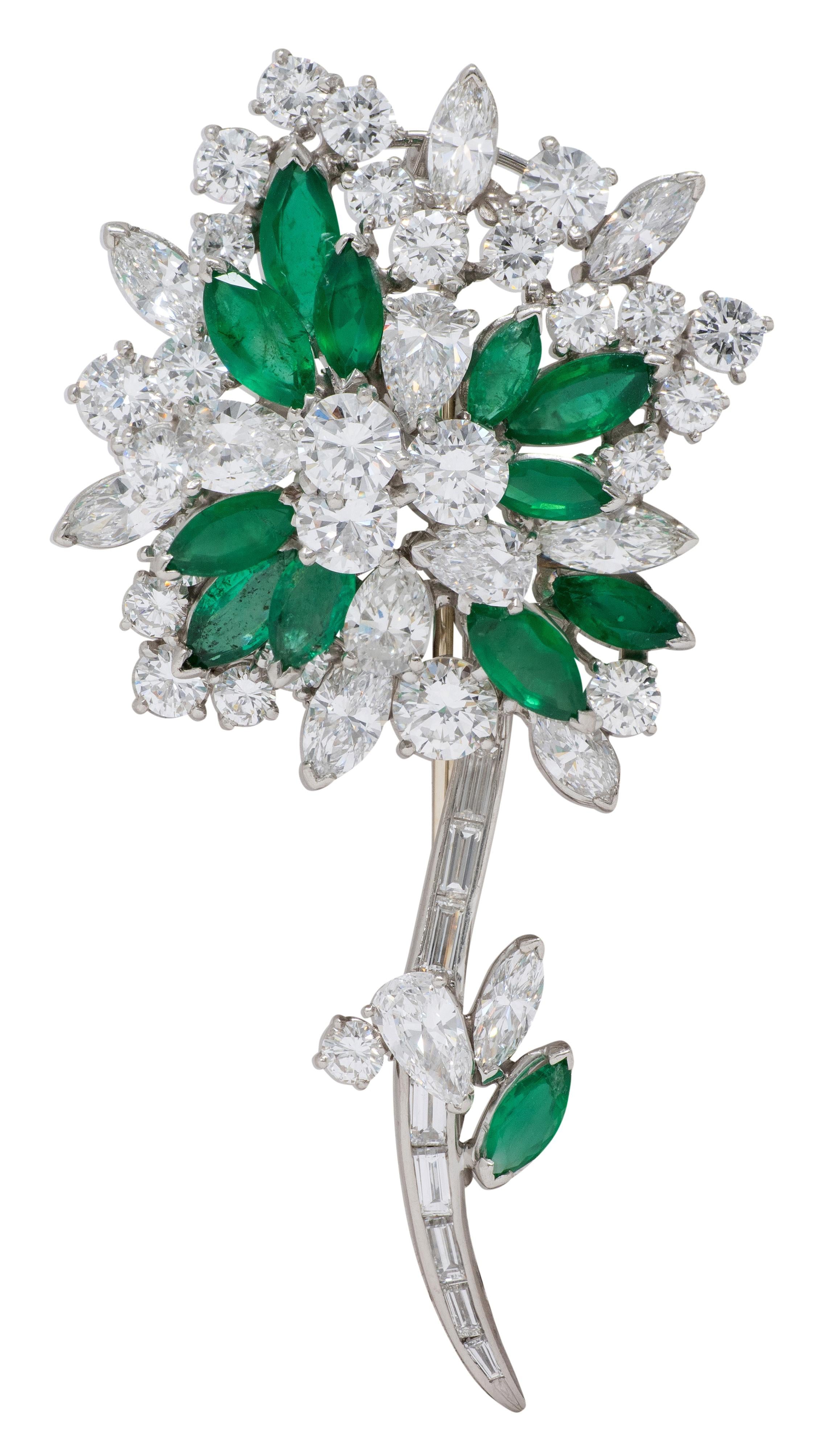 Oscar Heyman 1950's 13.70 CTW Diamond Emerald Platinum Vintage Flower Brooch