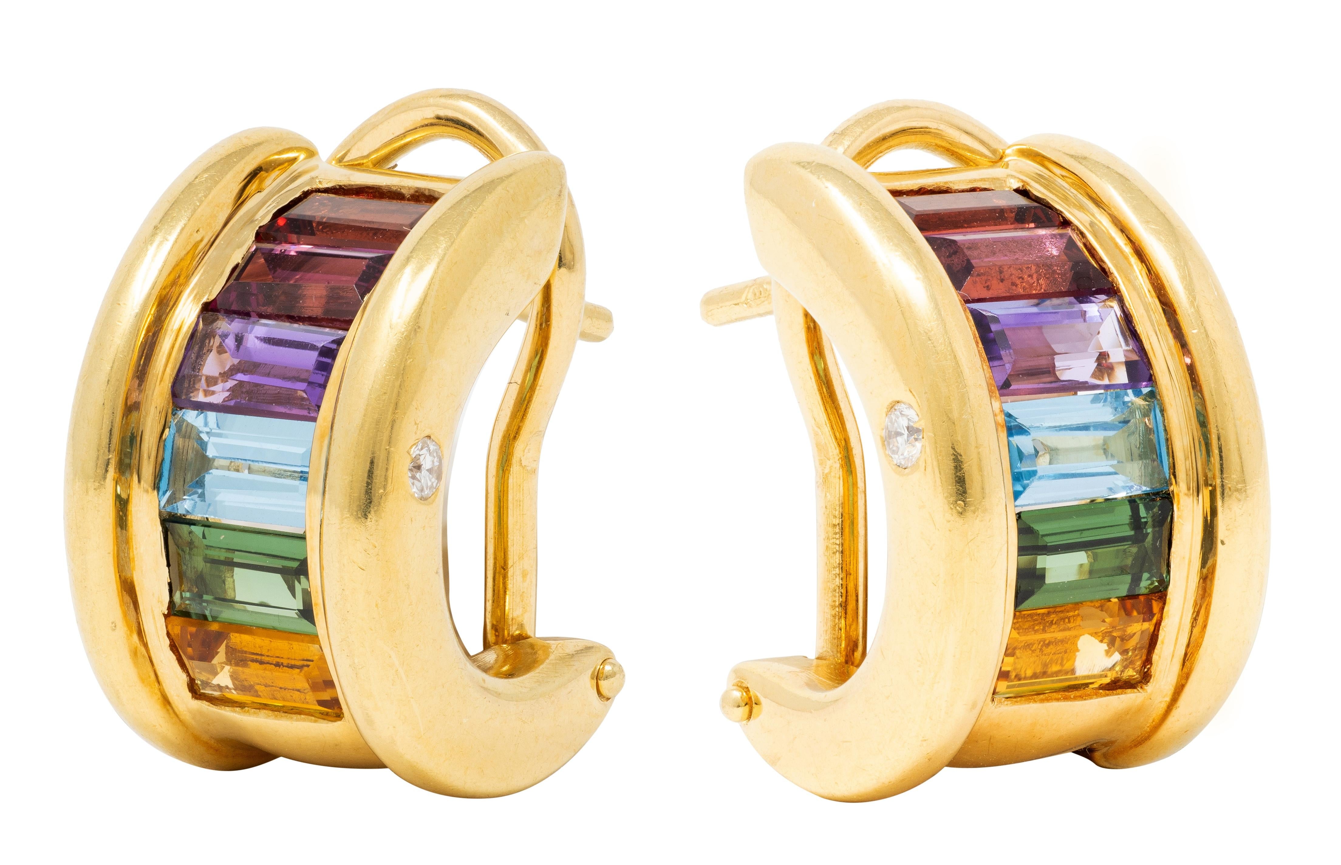 2000's Multi-Gem Diamond 18 Karat Yellow Gold Rainbow J-Hoop Earrings