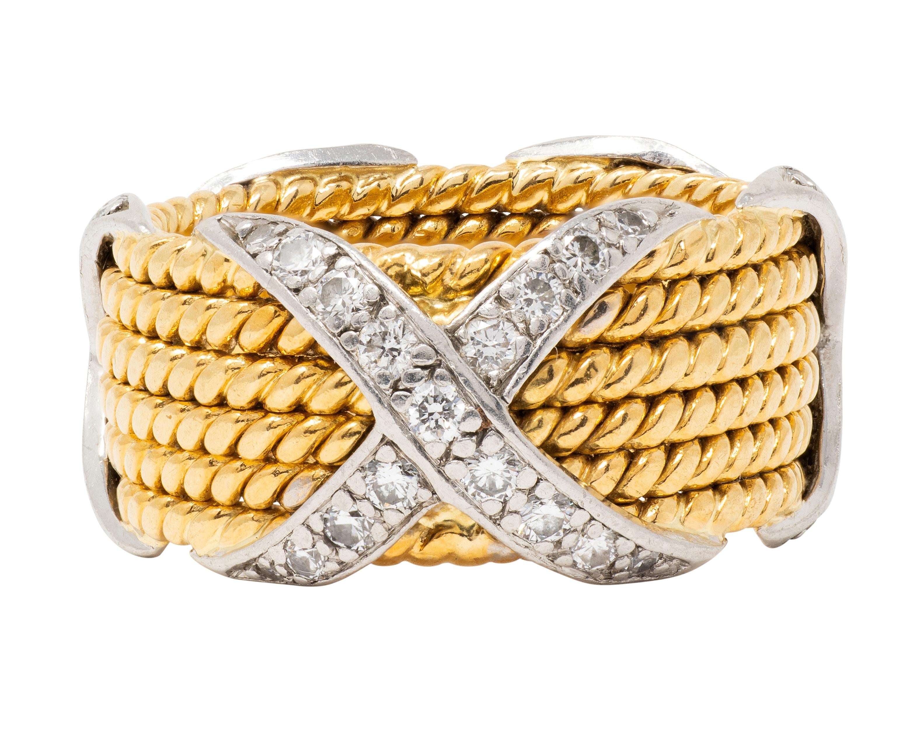 Tiffany & Co. Jean Schlumberger Diamond 18K Gold Platinum Vintage X Band Ring