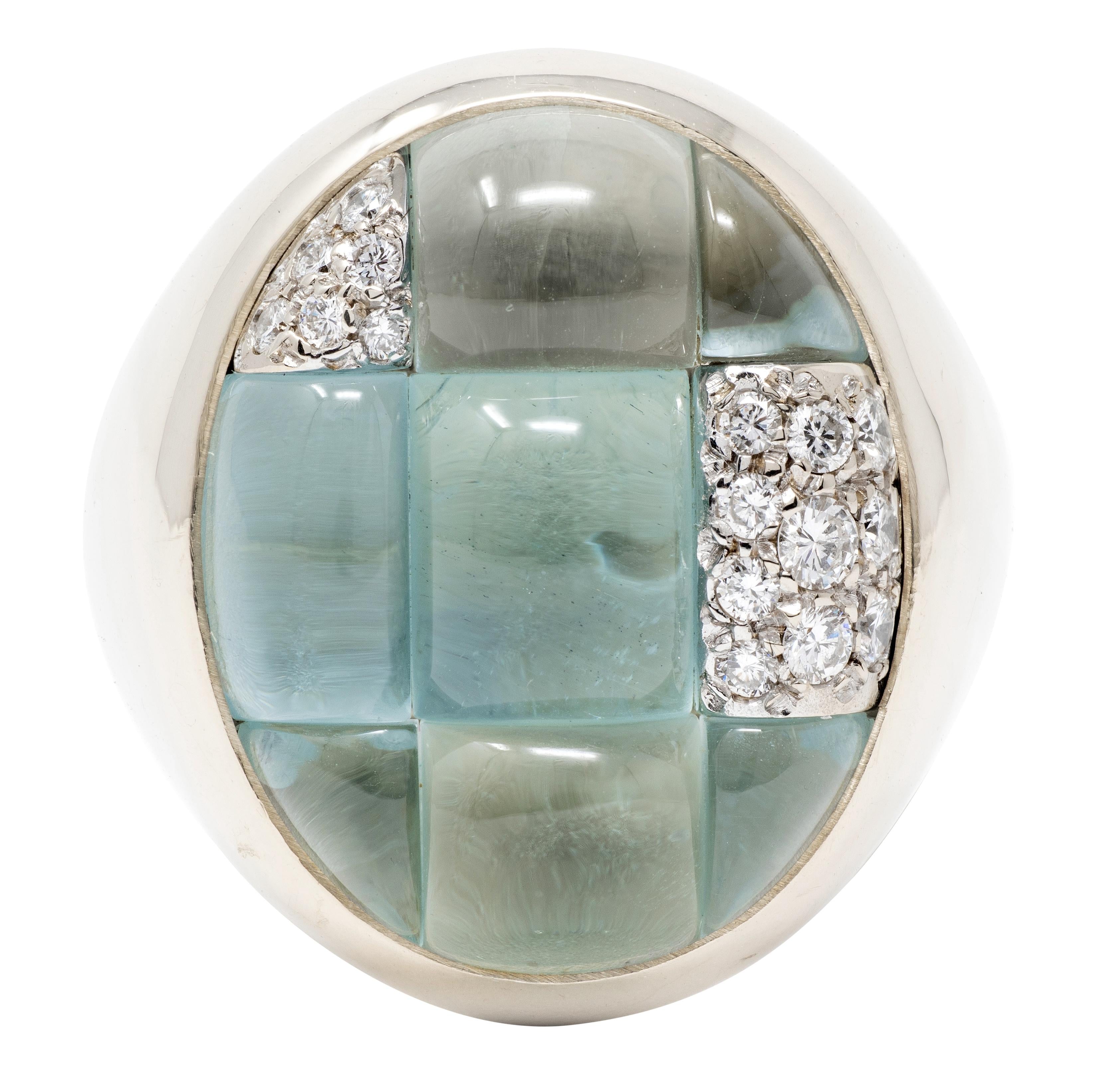 Pomellato 2000's Aquamarine Diamond 18 Karat White Gold Mosaique Statement Ring