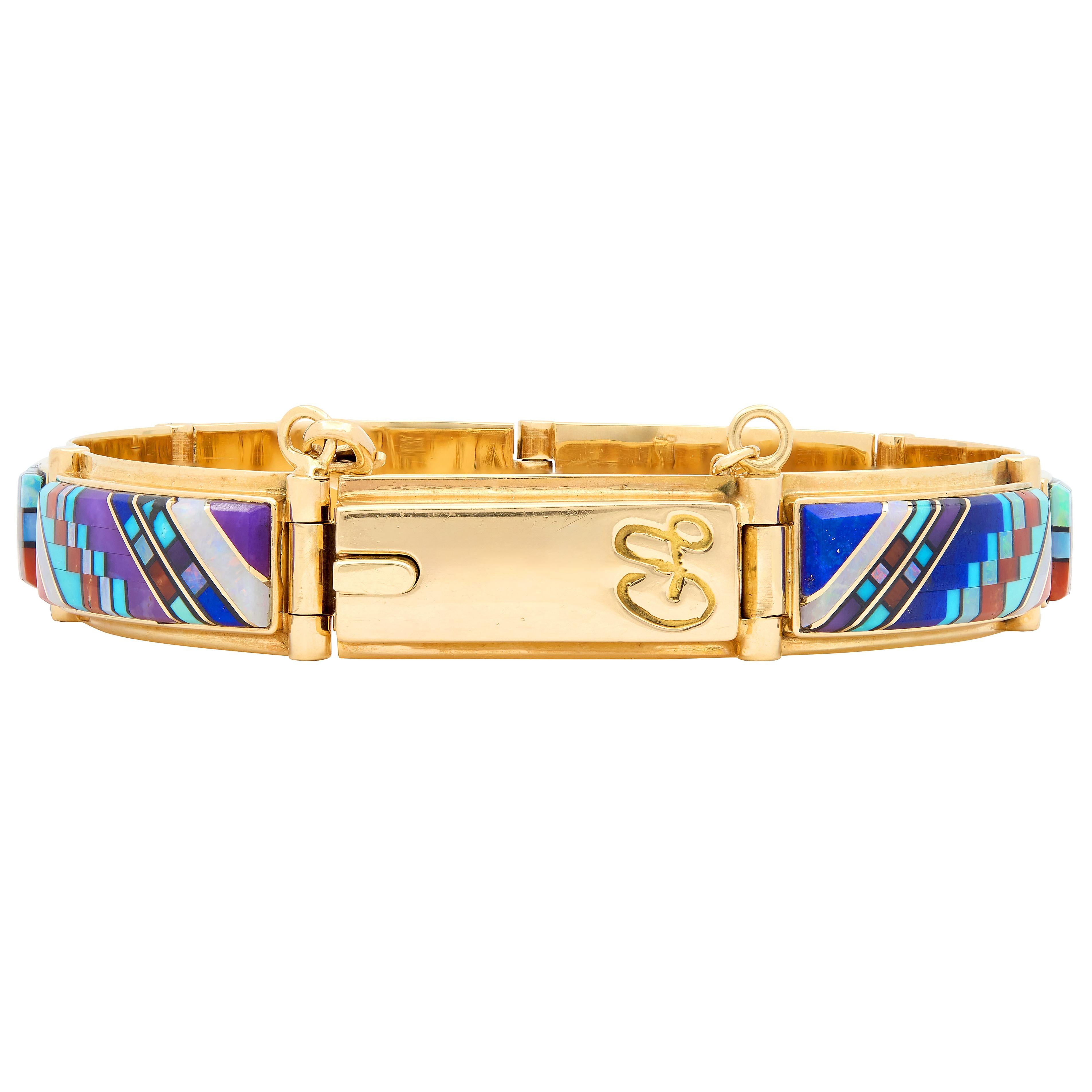Gary Arviso 1970's Multi-Gem 14 Karat Gold Vintage Geometric Inlay Bracelet