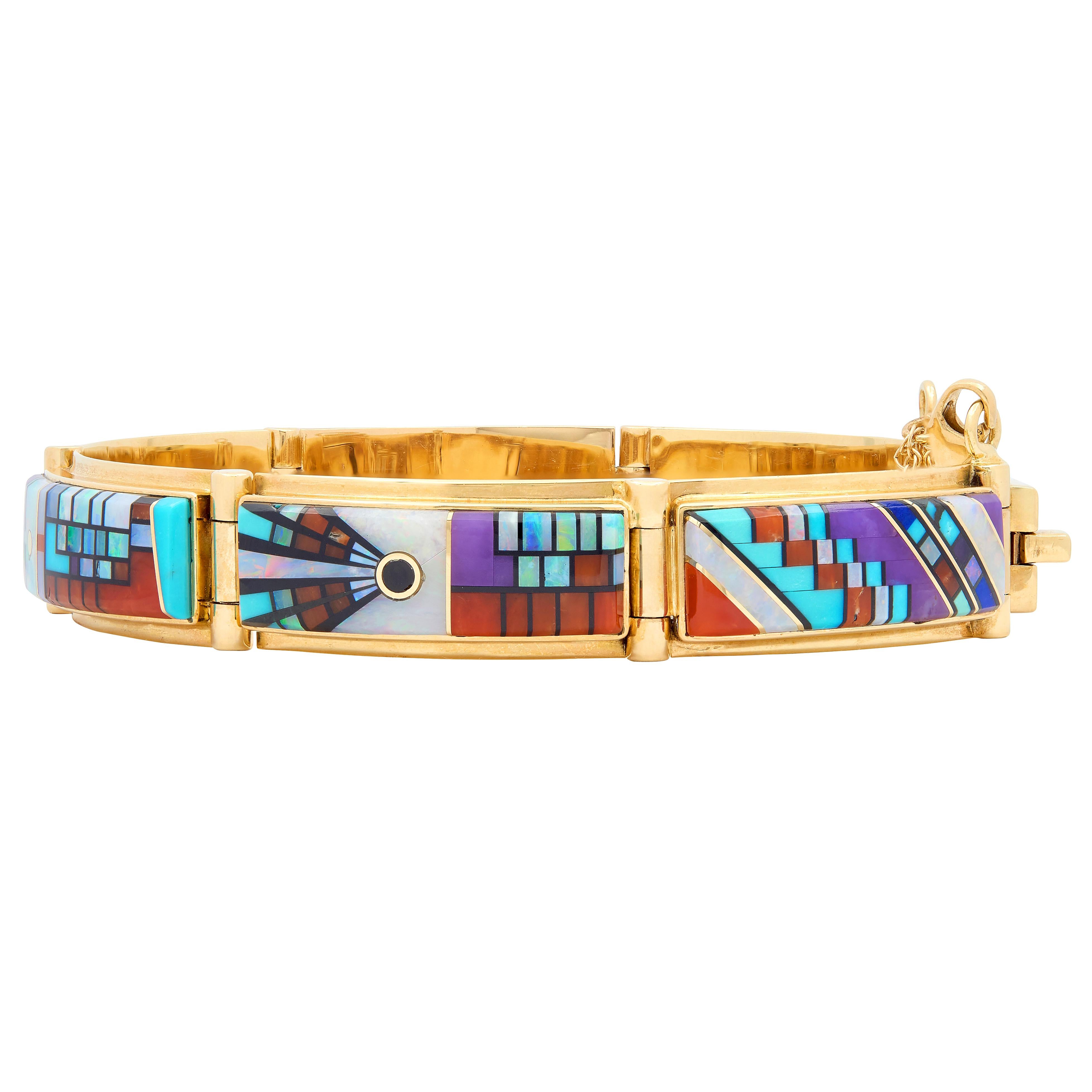 Gary Arviso 1970's Multi-Gem 14 Karat Gold Vintage Geometric Inlay Bracelet