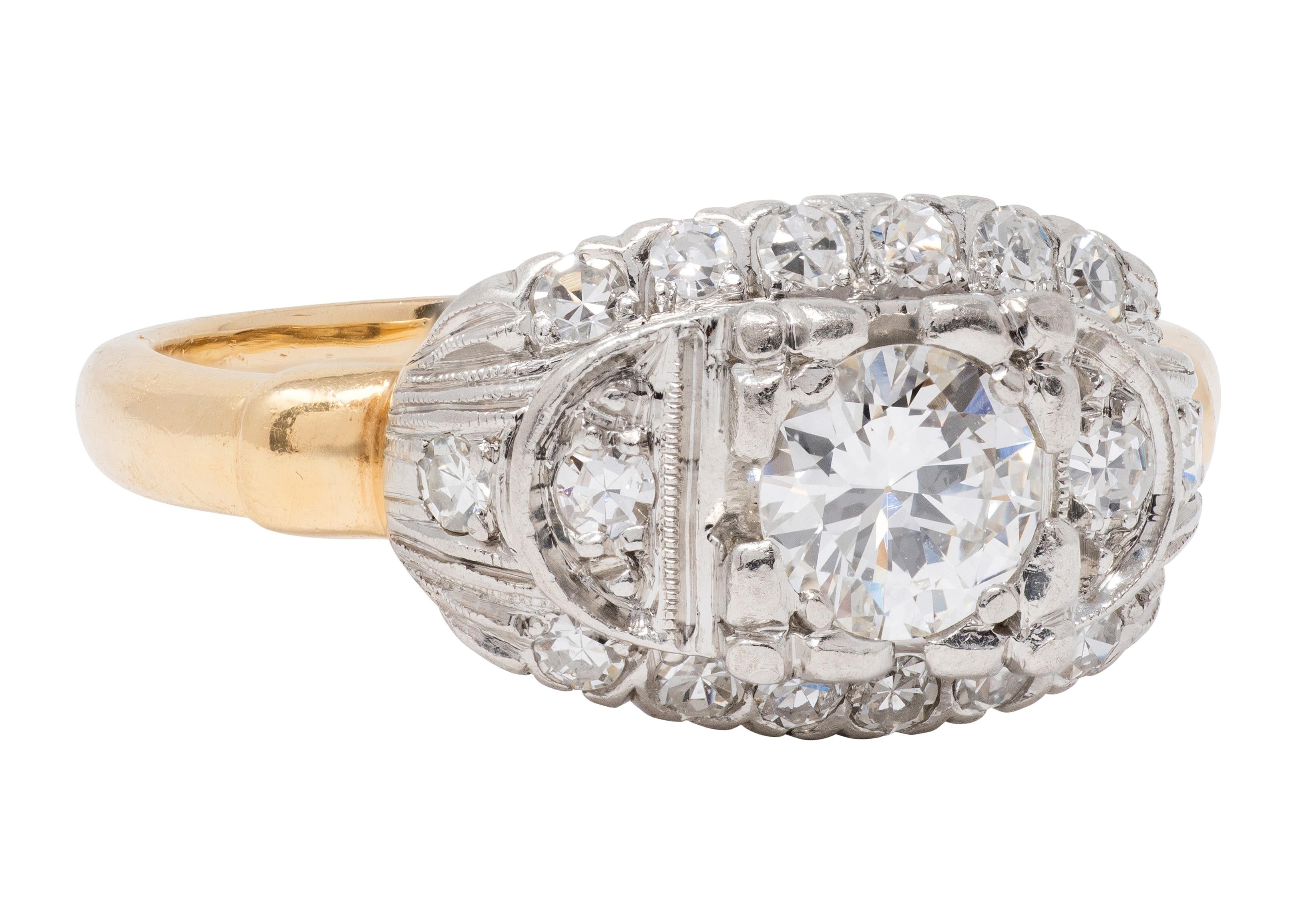Retro European Diamond 18K Yellow Gold Platinum Vintage Fishtail Engagement Ring