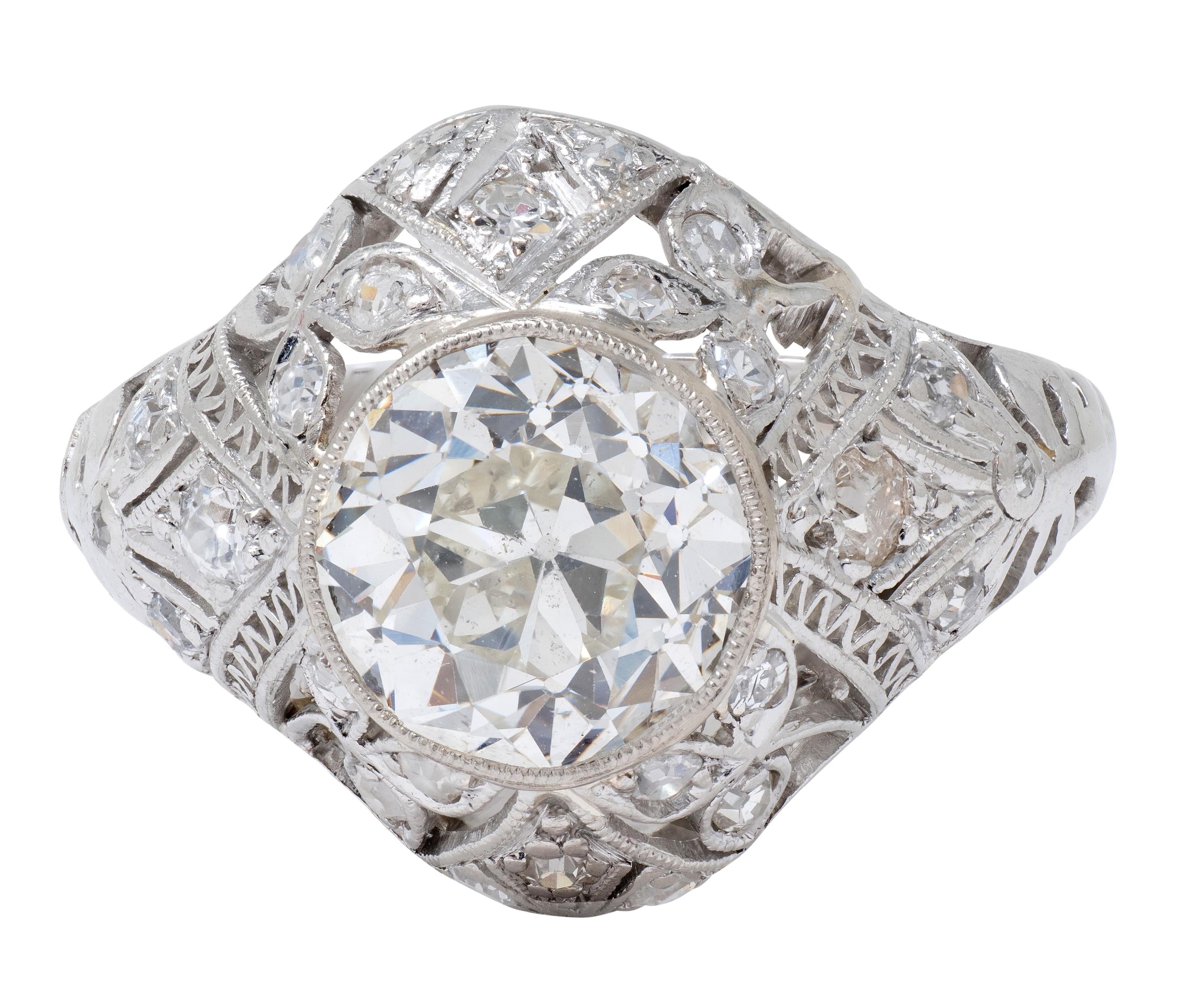 Belle Epoqué 3.20 CTW Diamond Platinum Antique Foliate Bow Engagement Ring GIA