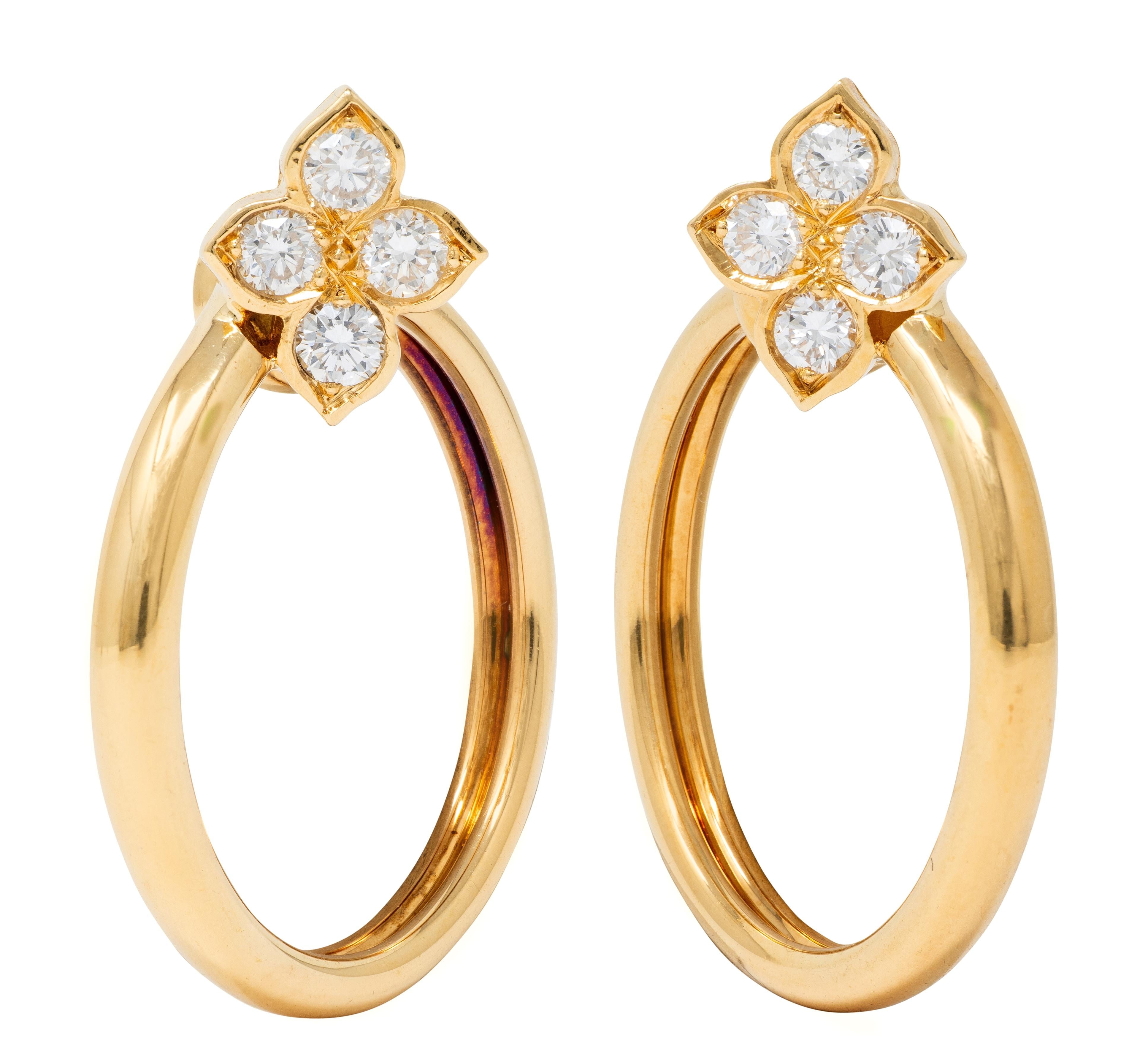 Cartier 2000's Diamond 18K Gold Vintage Hindu Floral Hoop Ear-Clip Earrings
