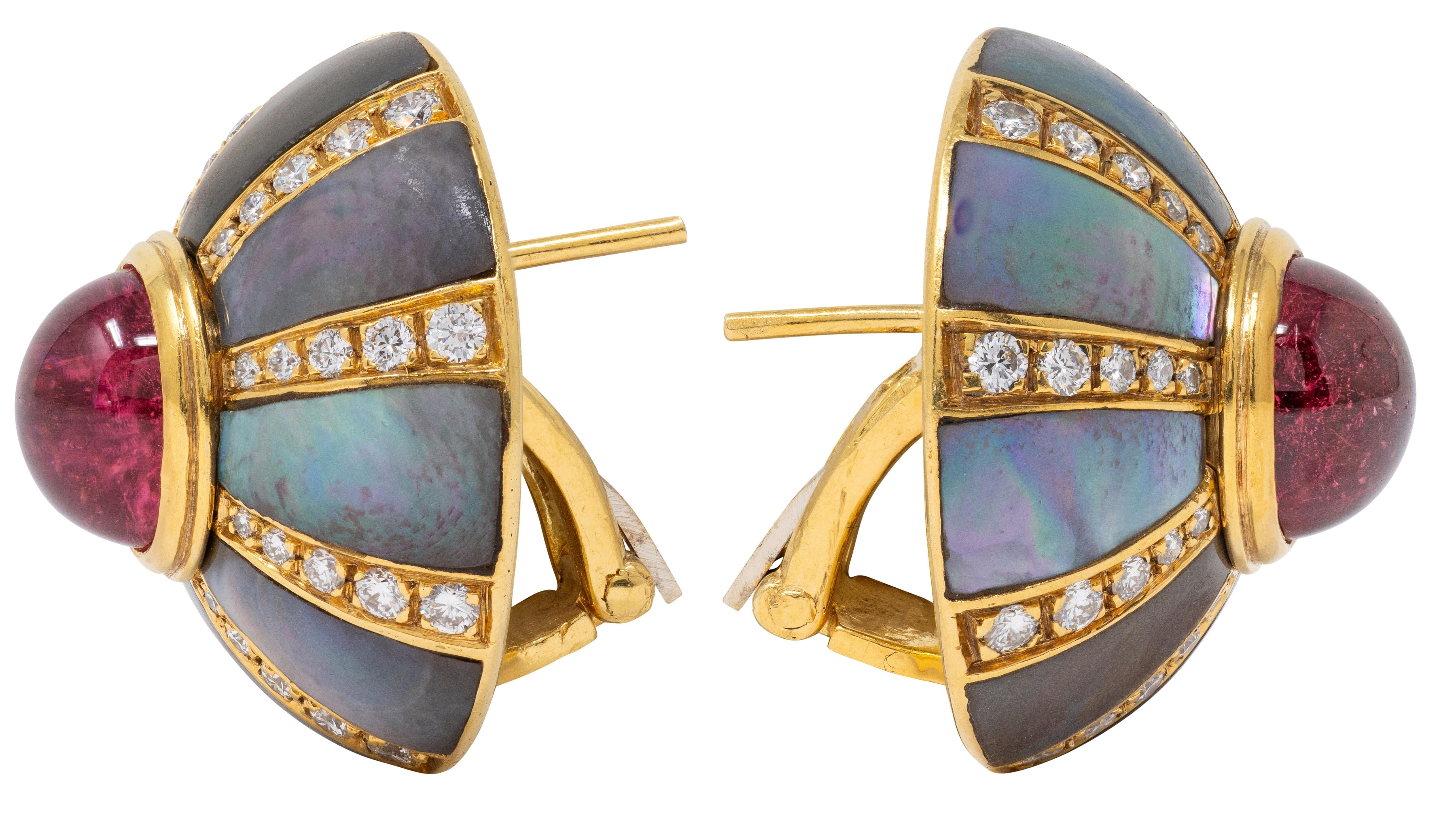 Jacques 1980's Diamond Abalone Tourmaline 18K Yellow Gold Vintage Dome Earrings