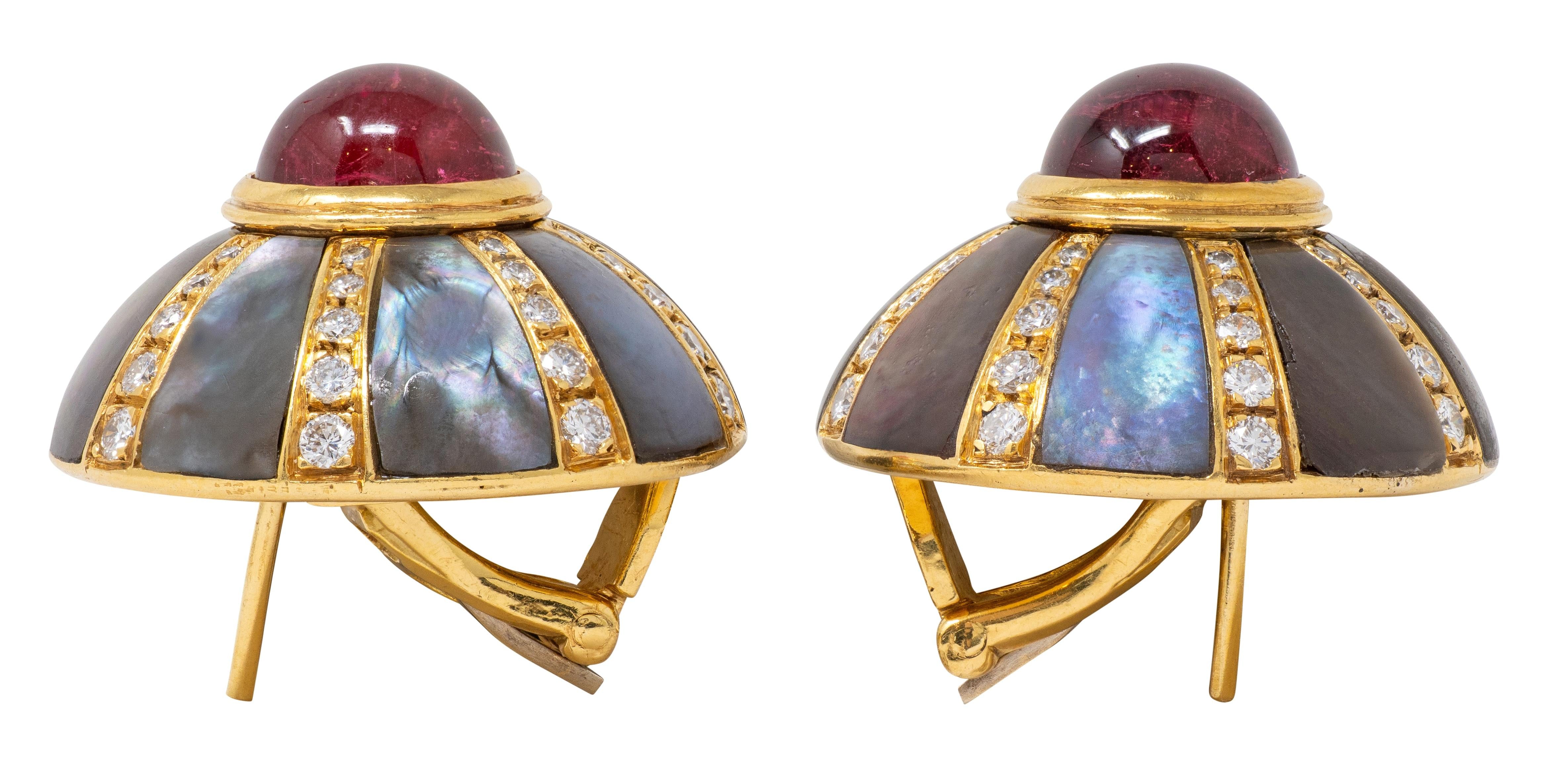 Jacques 1980's Diamond Abalone Tourmaline 18K Yellow Gold Vintage Dome Earrings