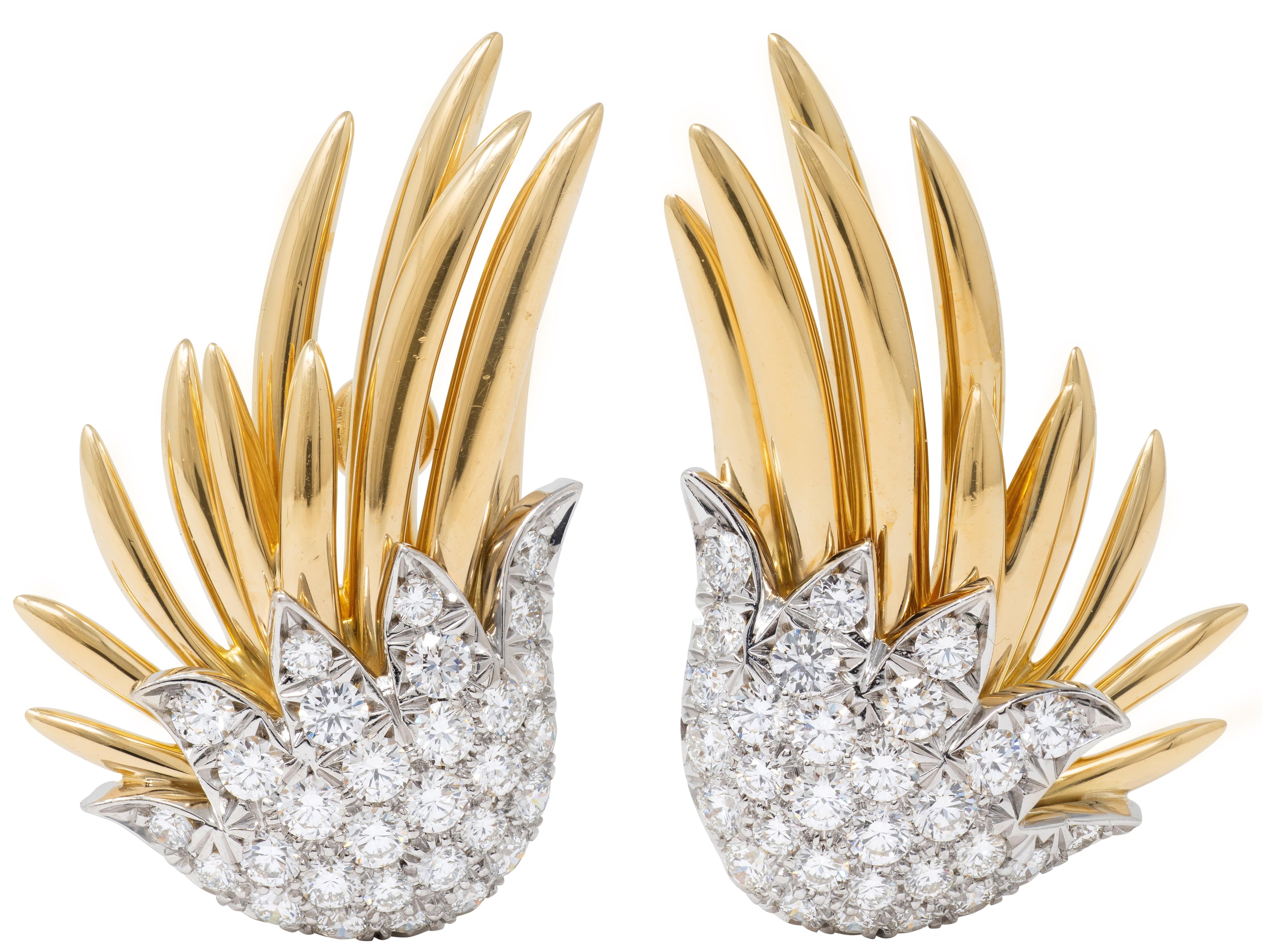 Tiffany & Co. Schlumberger Diamond 18K Platinum Vintage Flame Ear-Clip Earrings