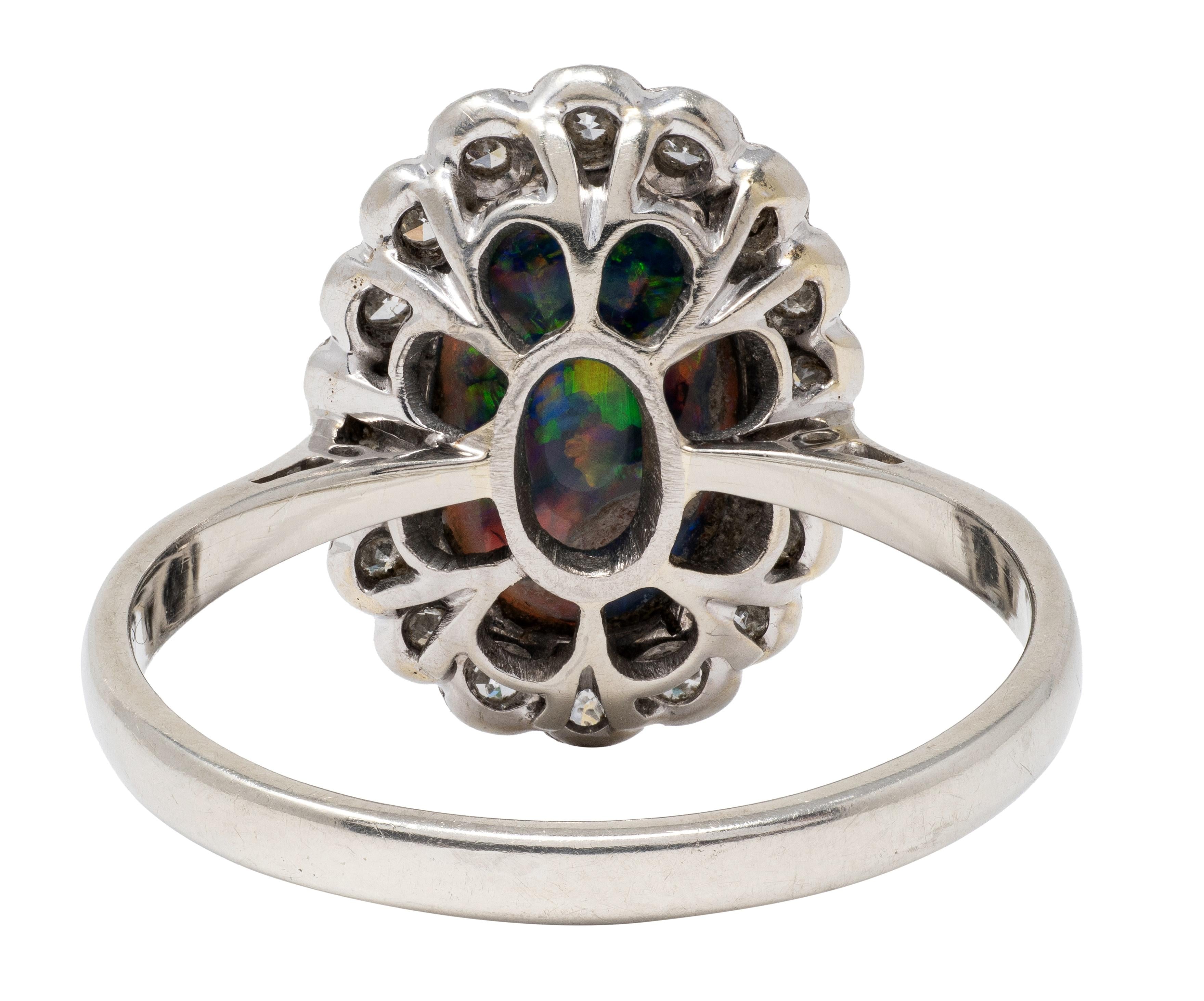 1950's Diamond Opal 18 Karat White Gold Platinum Vintage Halo Ring