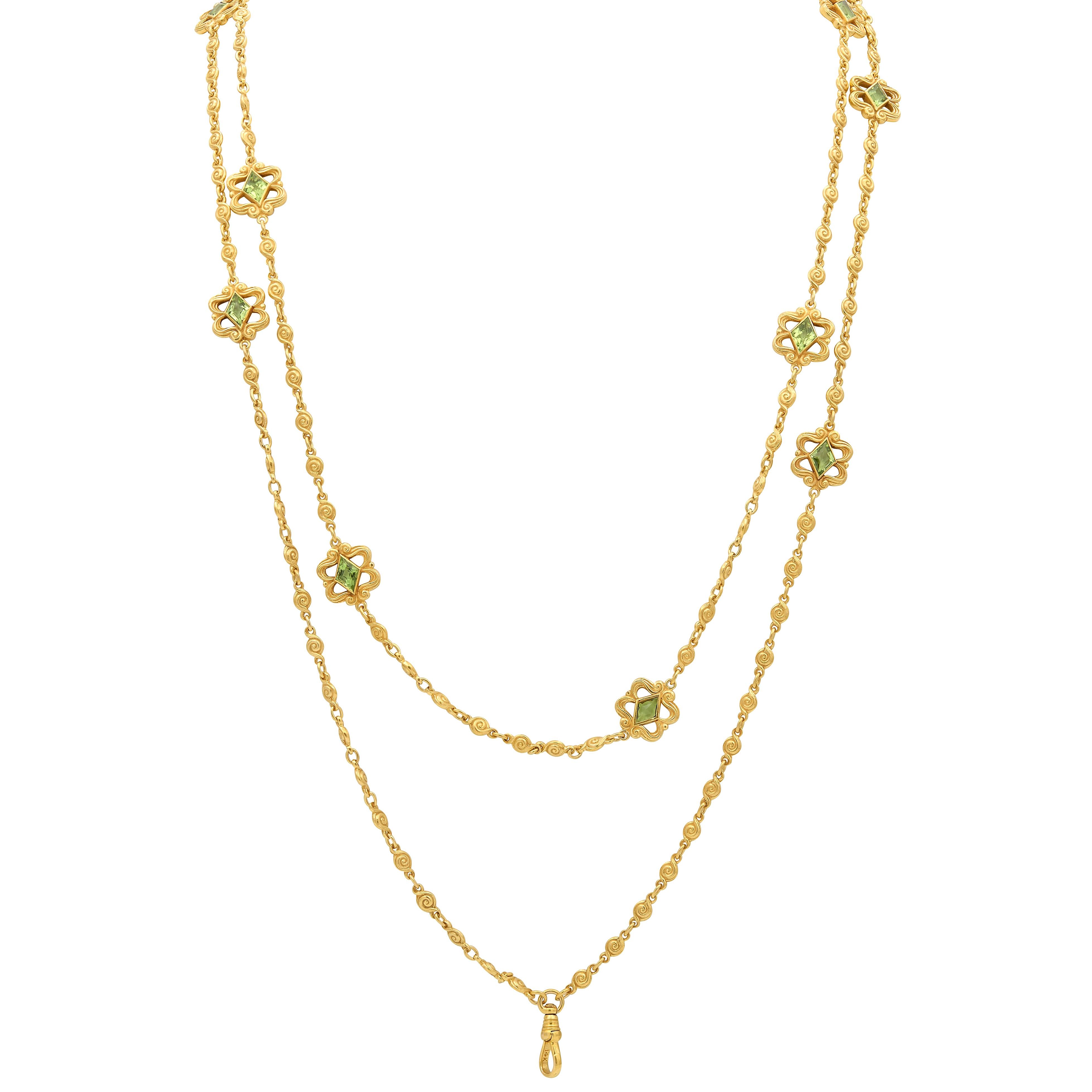 Victorian Peridot 14K Yellow Gold Antique Scroll Fancy Link Fob Chain Necklace