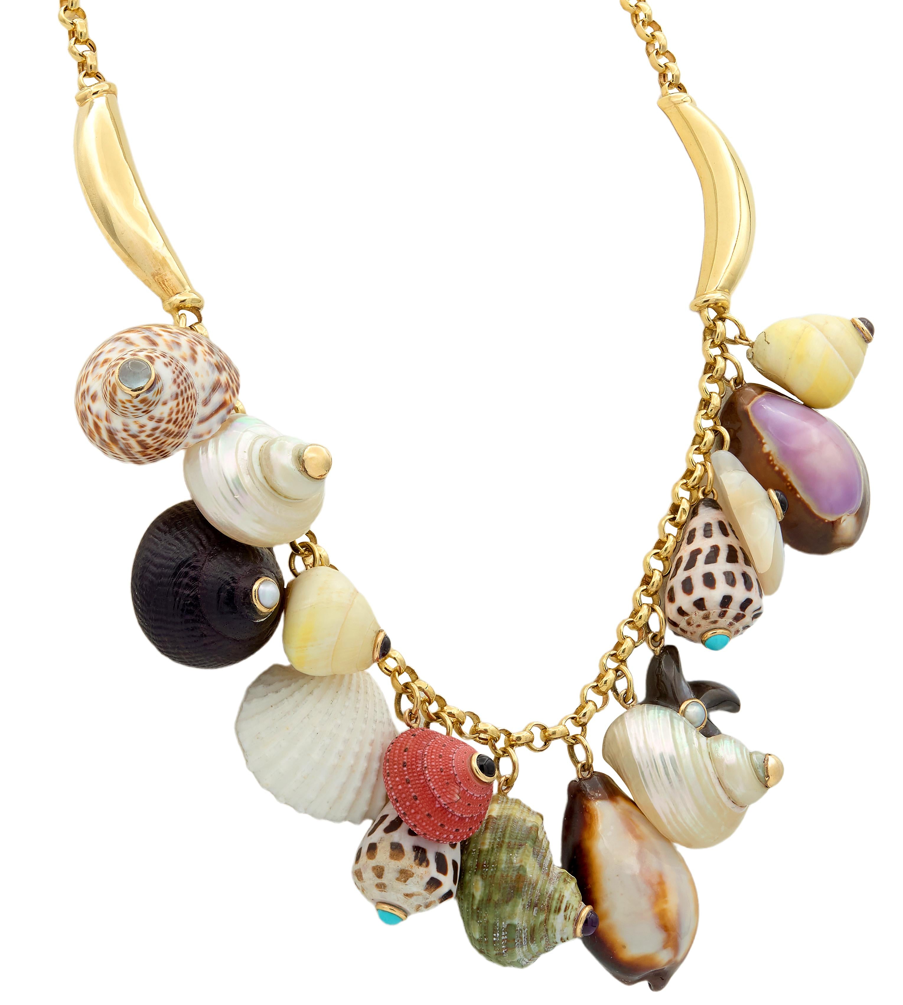 Maz Multi-Gem 14 Karat Yellow Gold Contemporary Seashell Fringe Necklace