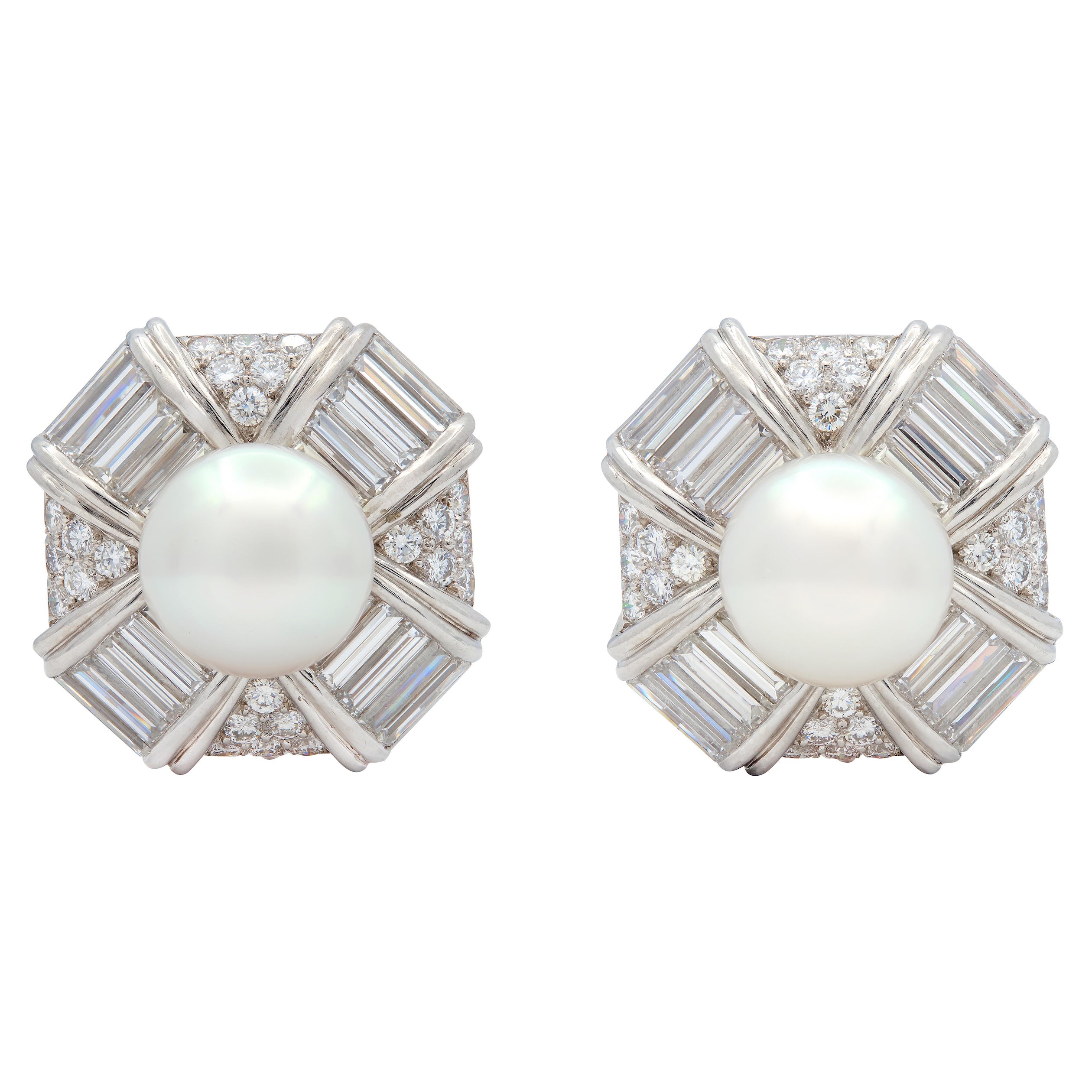 Mid-Century Diamond Pearl Platinum Gold Vintage Octagonal Ear-Clip Earrings