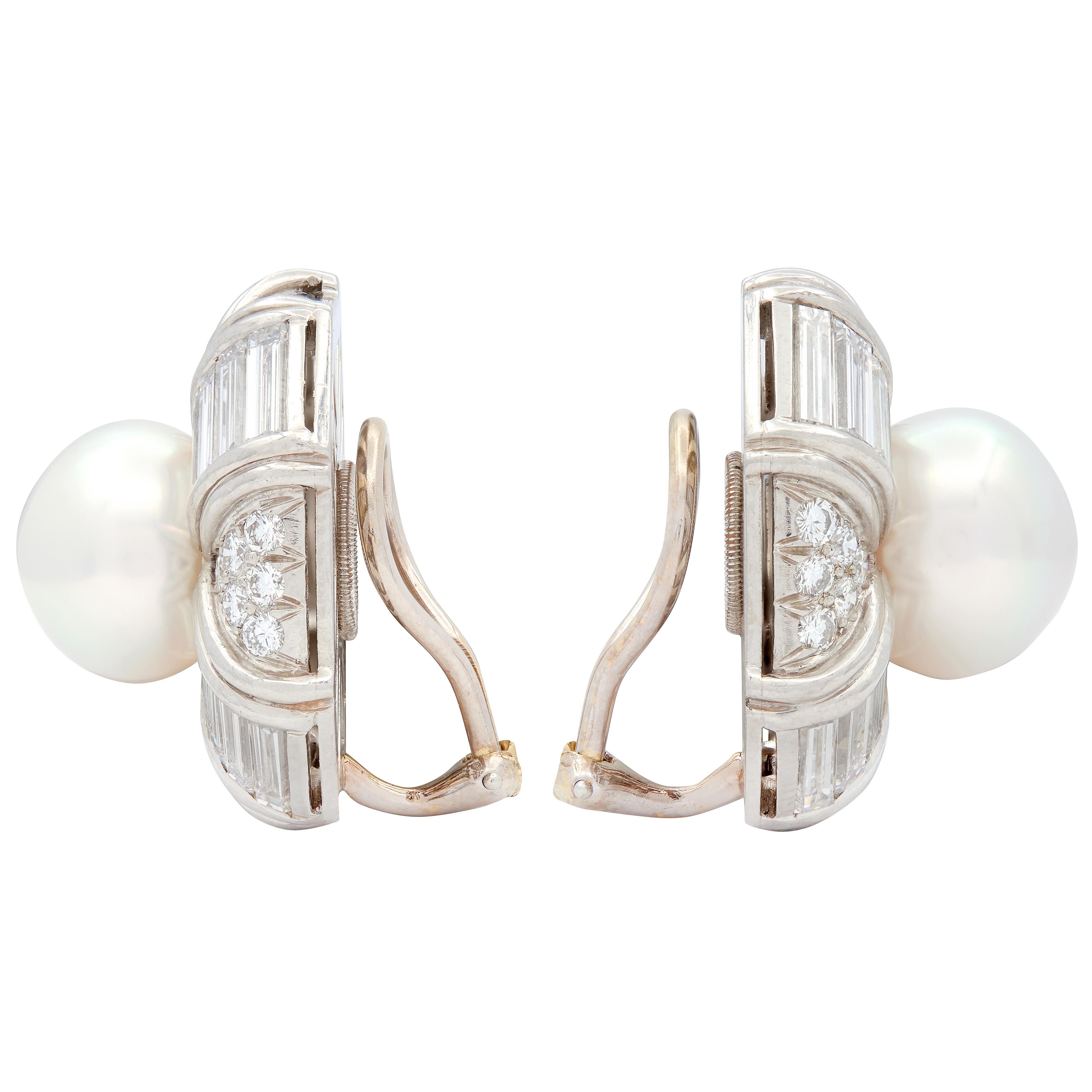Mid-Century Diamond Pearl Platinum Gold Vintage Octagonal Ear-Clip Earrings