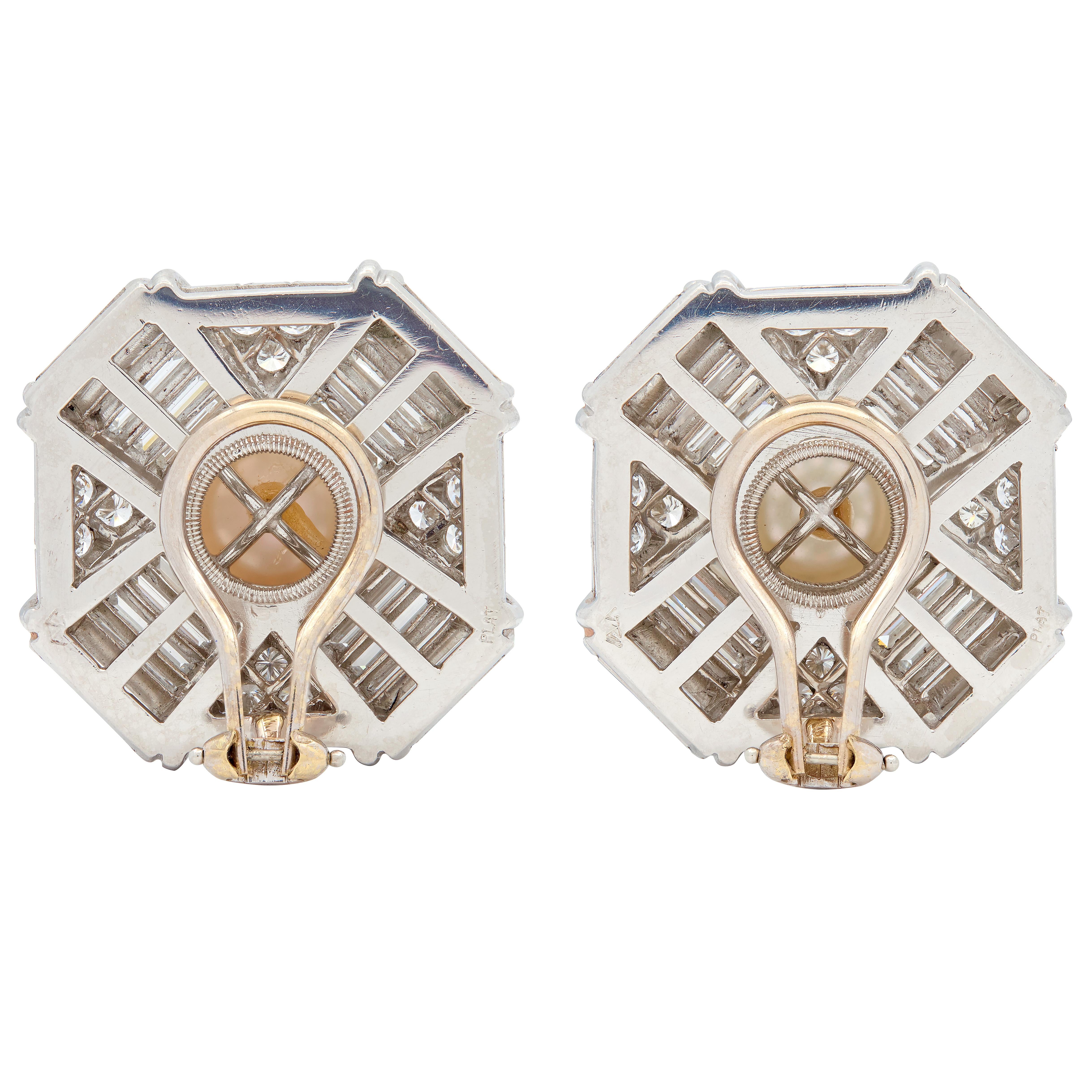 Mid-Century Diamond Pearl Platinum Gold Vintage Octagonal Ear-Clip Earrings