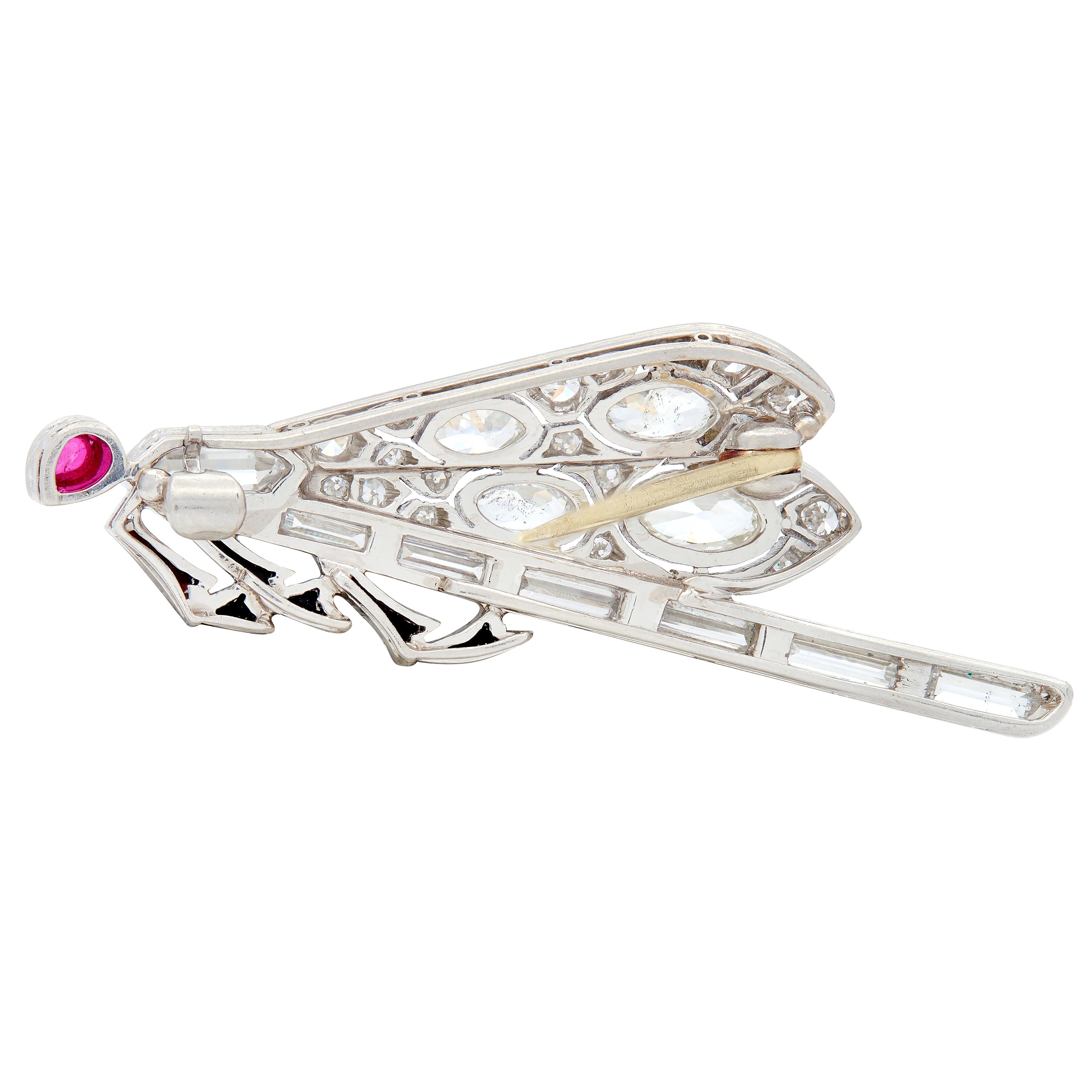 Art Deco Diamond Ruby Onyx Platinum 18K Gold Vintage Dragonfly Unisex Brooch
