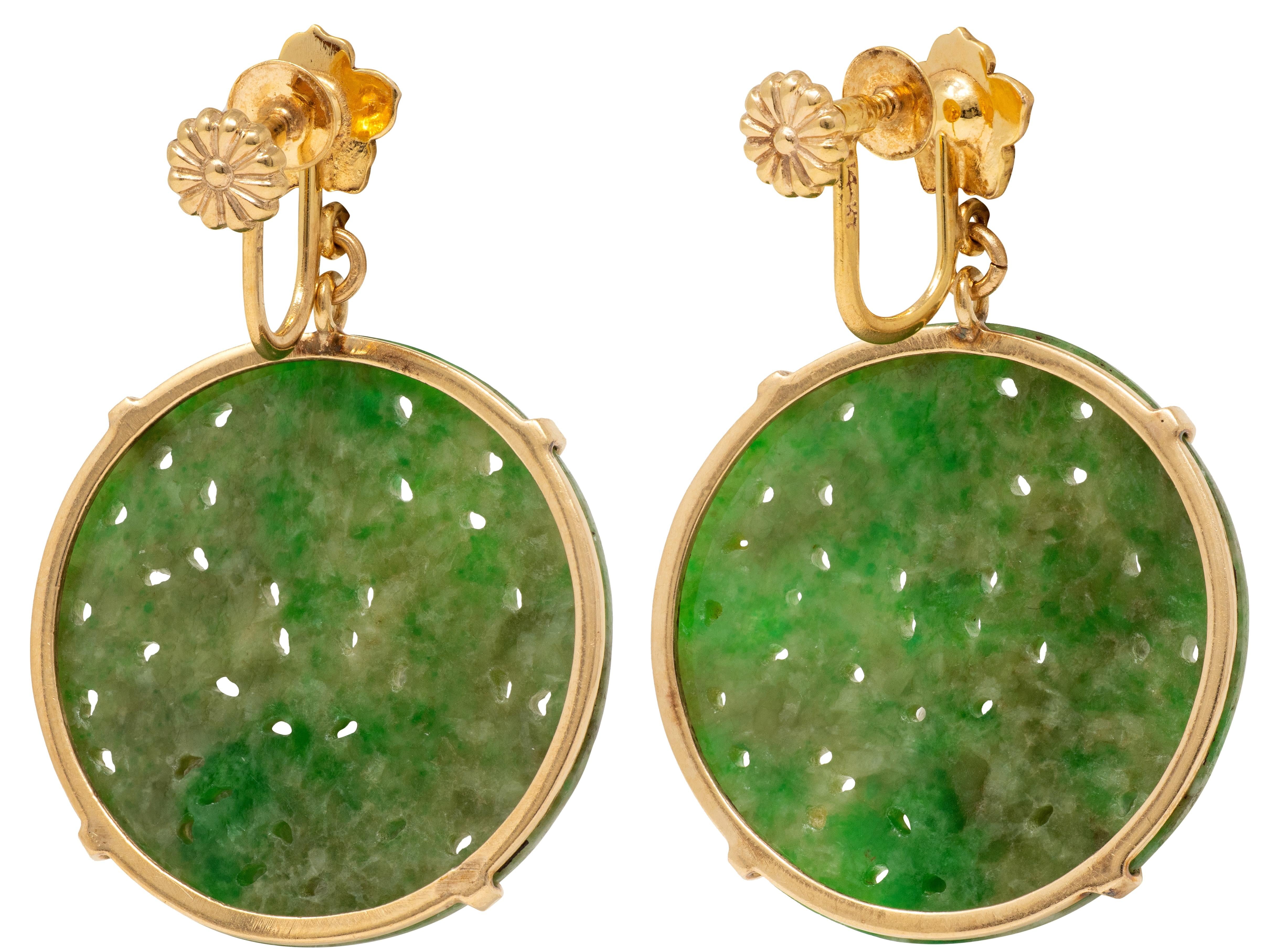 1930's Nephrite Jade 14K Gold Antique Floral Dragon Screw-Back Earrings