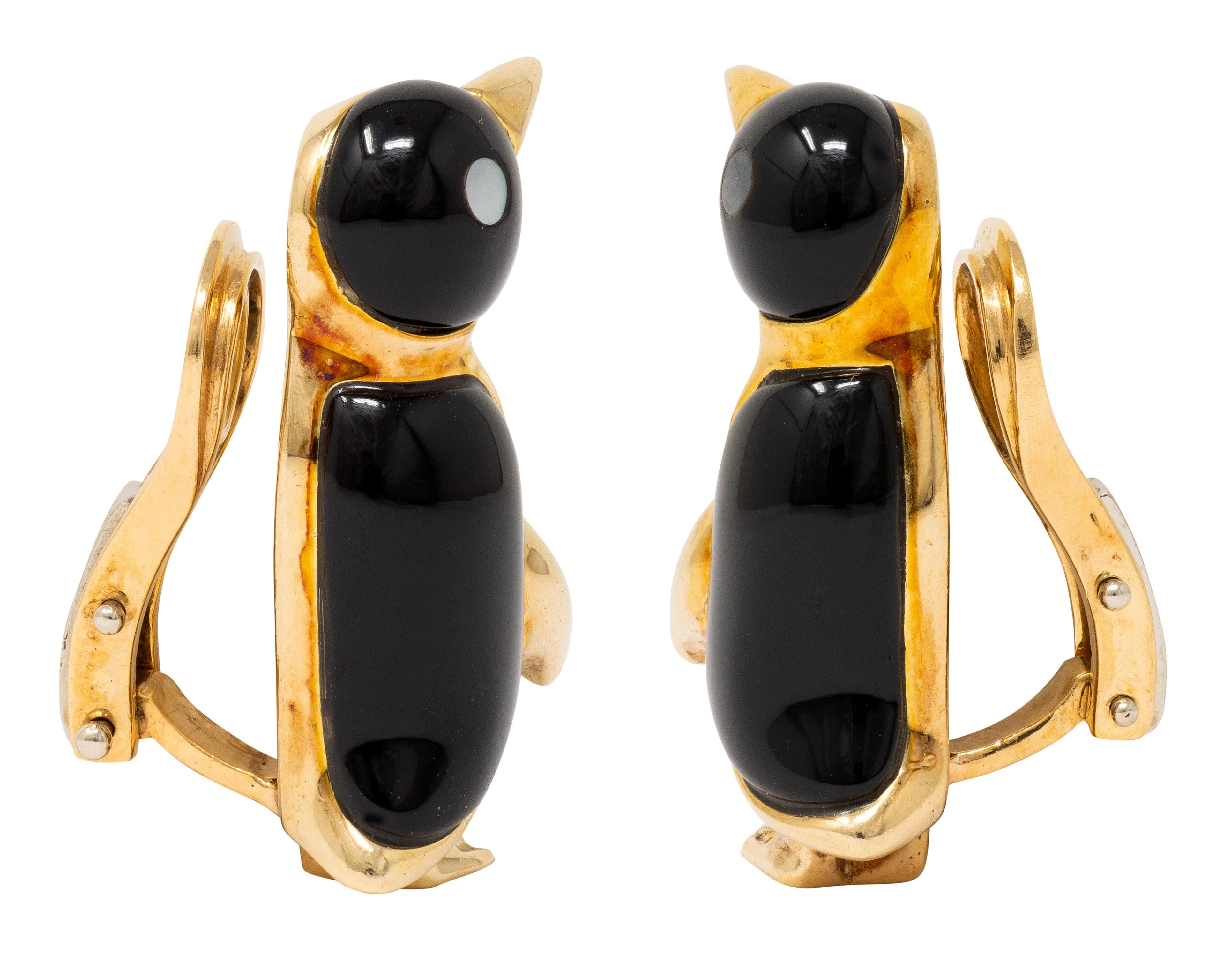 Ash Grossbardt 1980's 14 Karat Yellow Gold Vintage Penguin Ear-Clip Earrings