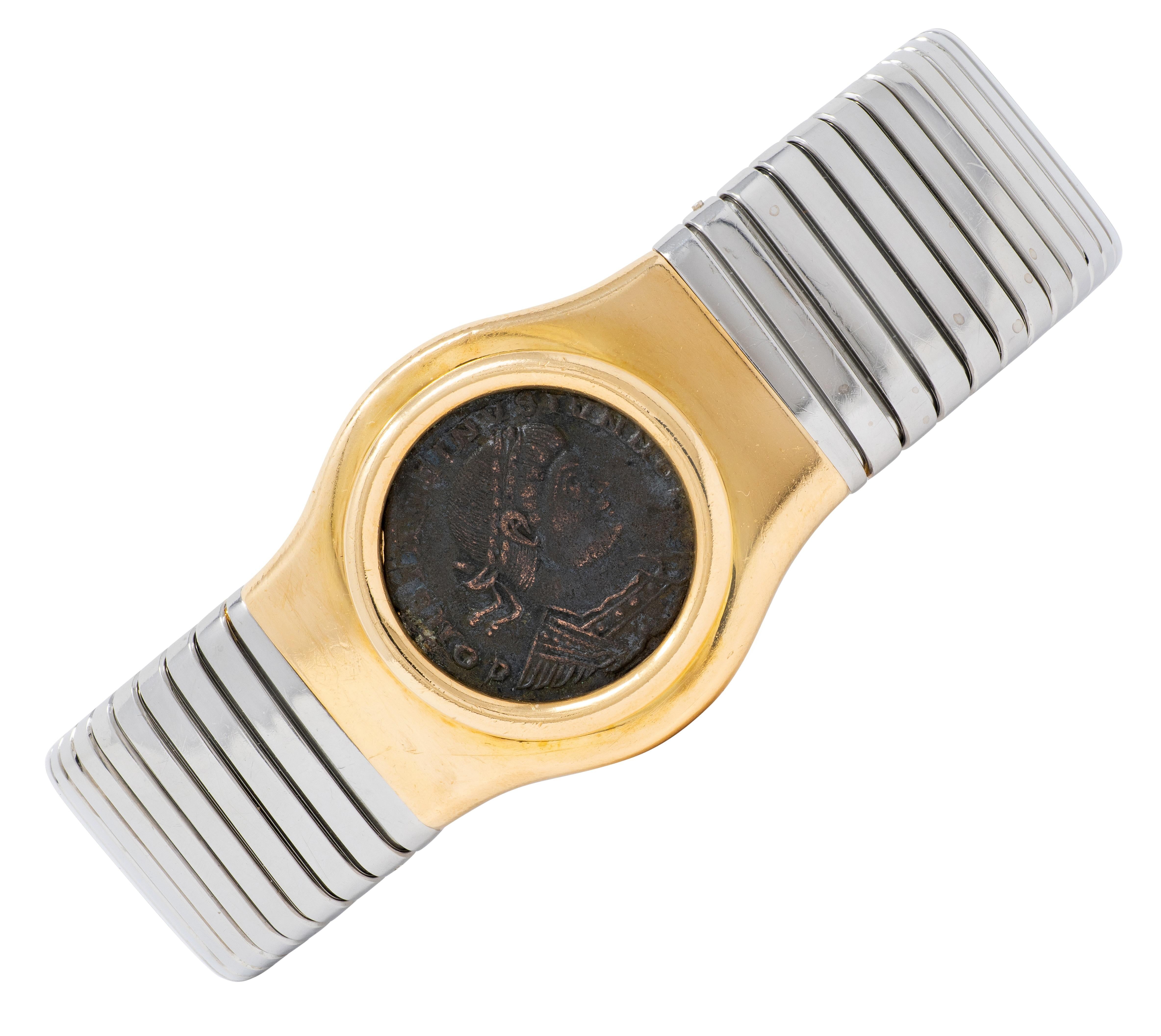 Bulgari 1980's Ancient Roman Coin 18K Gold Steel Vintage Monete Cuff Bracelet