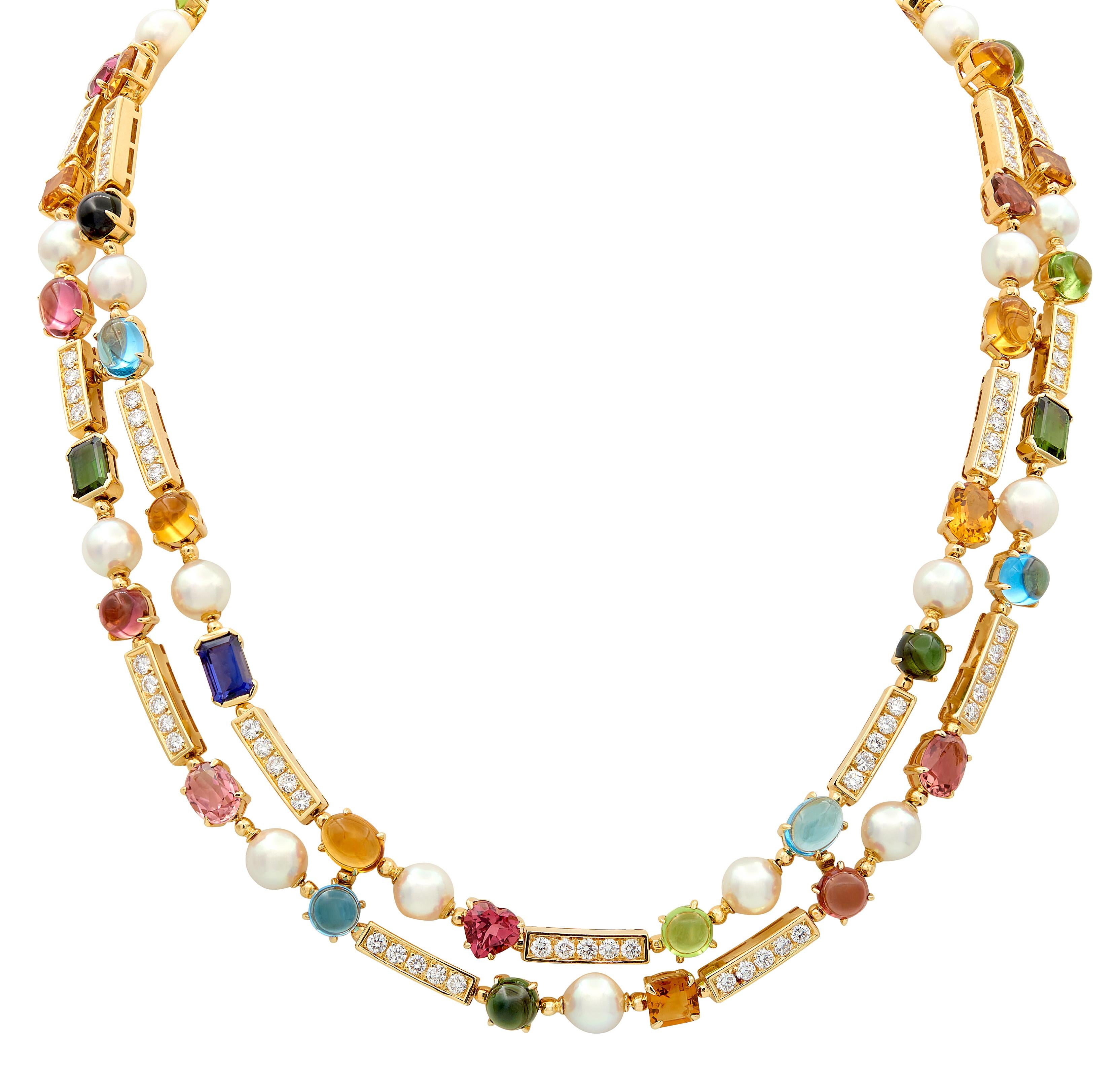 Bulgari 2000's Pearl Multi-Gem Diamond 18K Gold Contemporary Allegra Necklace