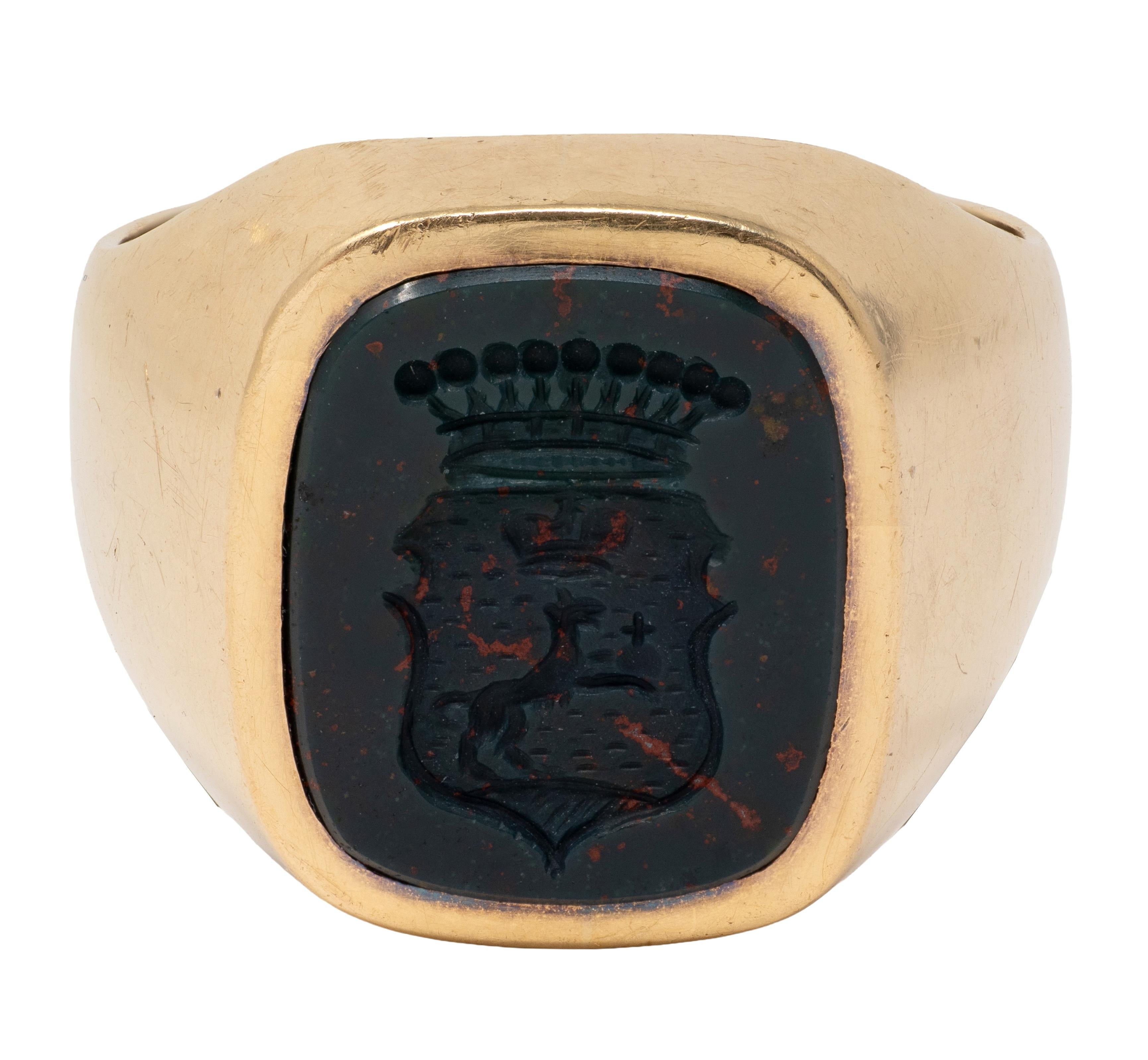 Art Deco Bloodstone 14K Yellow Gold Antique Heraldic Crest Intaglio Signet Ring