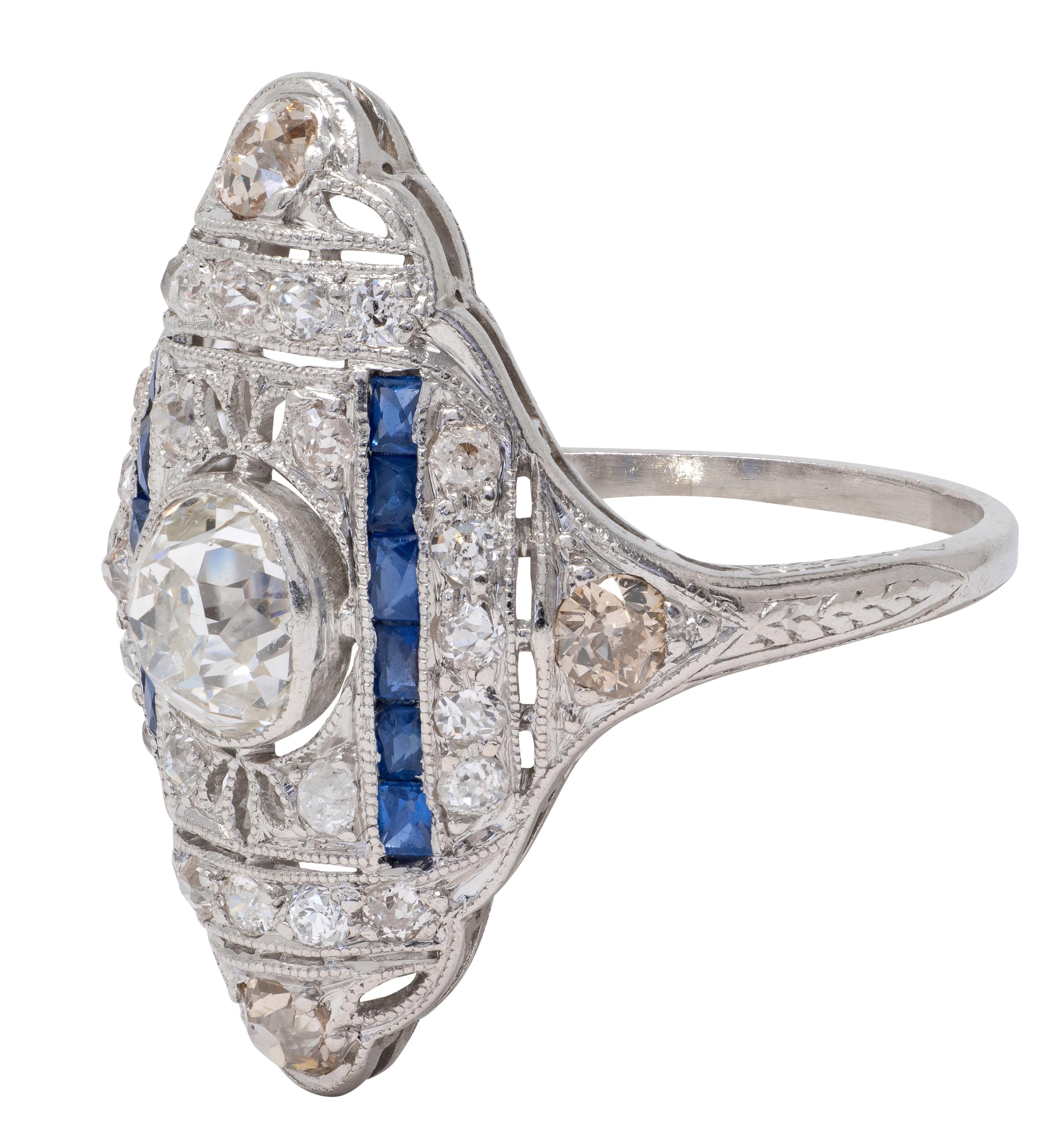 Art Deco 2.33 CTW Diamond Sapphire Platinum Vintage Foliate Navette Dinner Ring