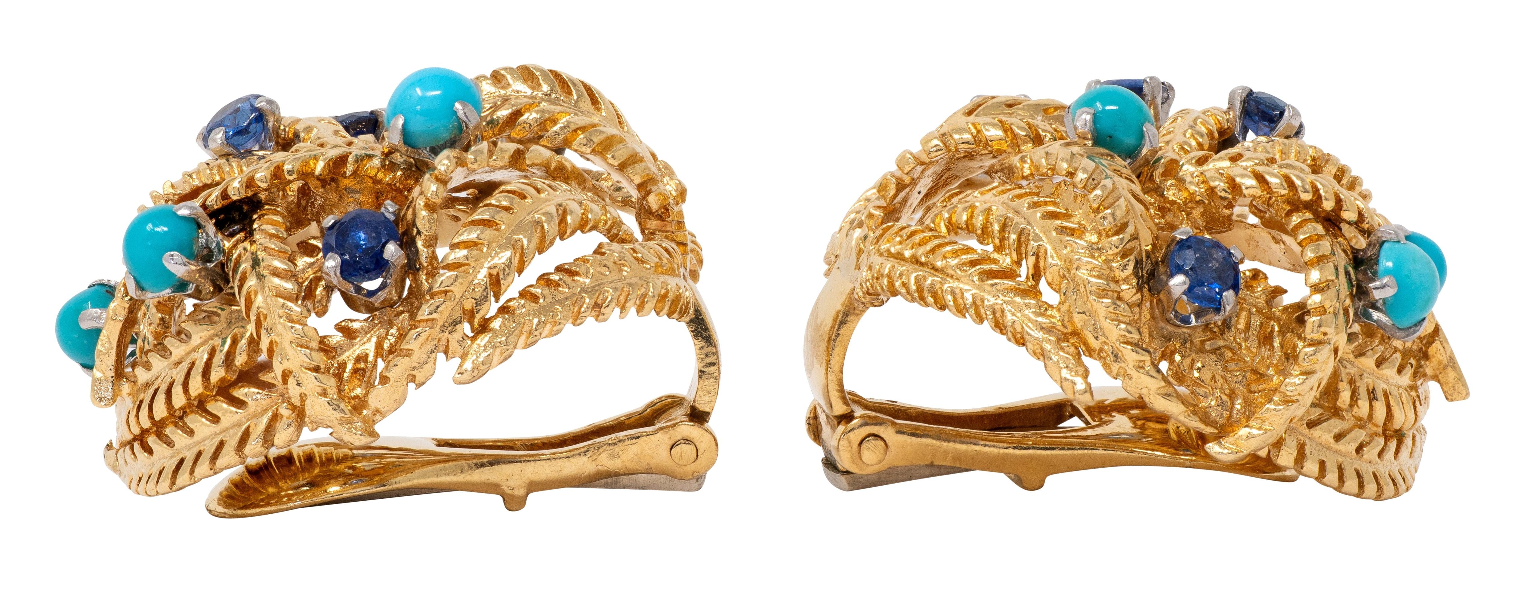 David Webb 1960's Sapphire Turquoise 18K Gold Platinum Feather Ear-Clip Earrings