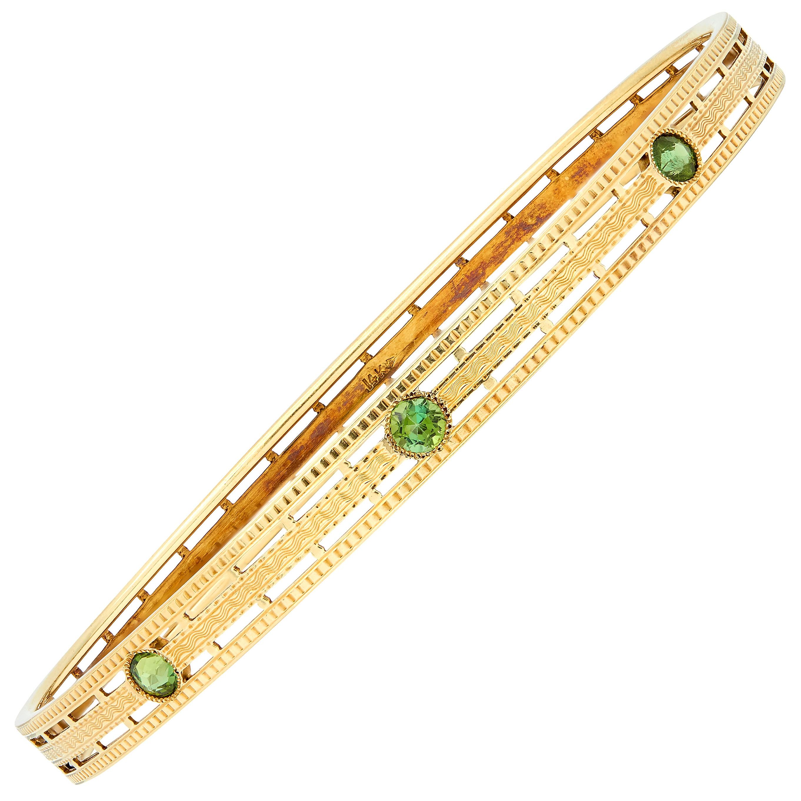 Carter Gough & Co. Art Nouveau Tourmaline 14K Gold Antique Bangle Bracelet
