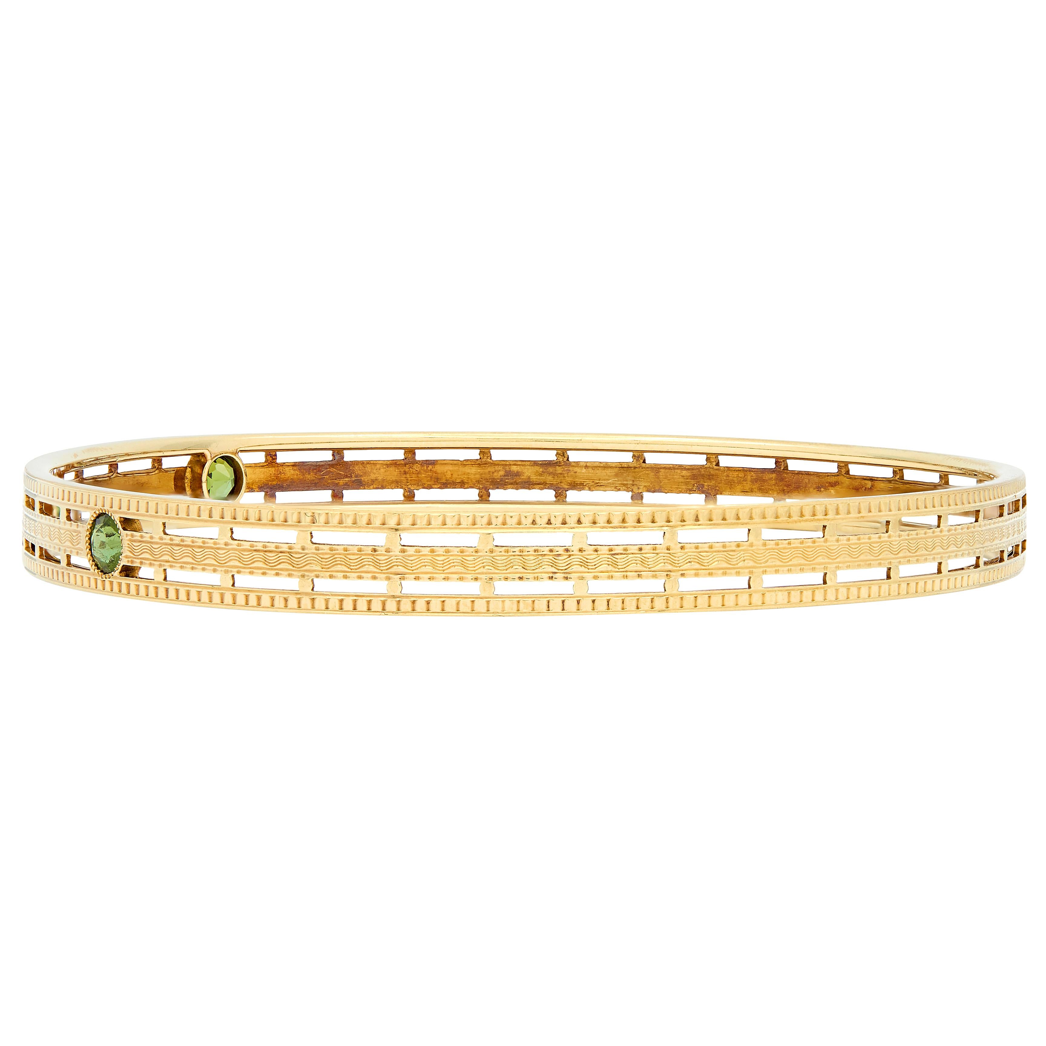 Carter Gough & Co. Art Nouveau Tourmaline 14K Gold Antique Bangle Bracelet