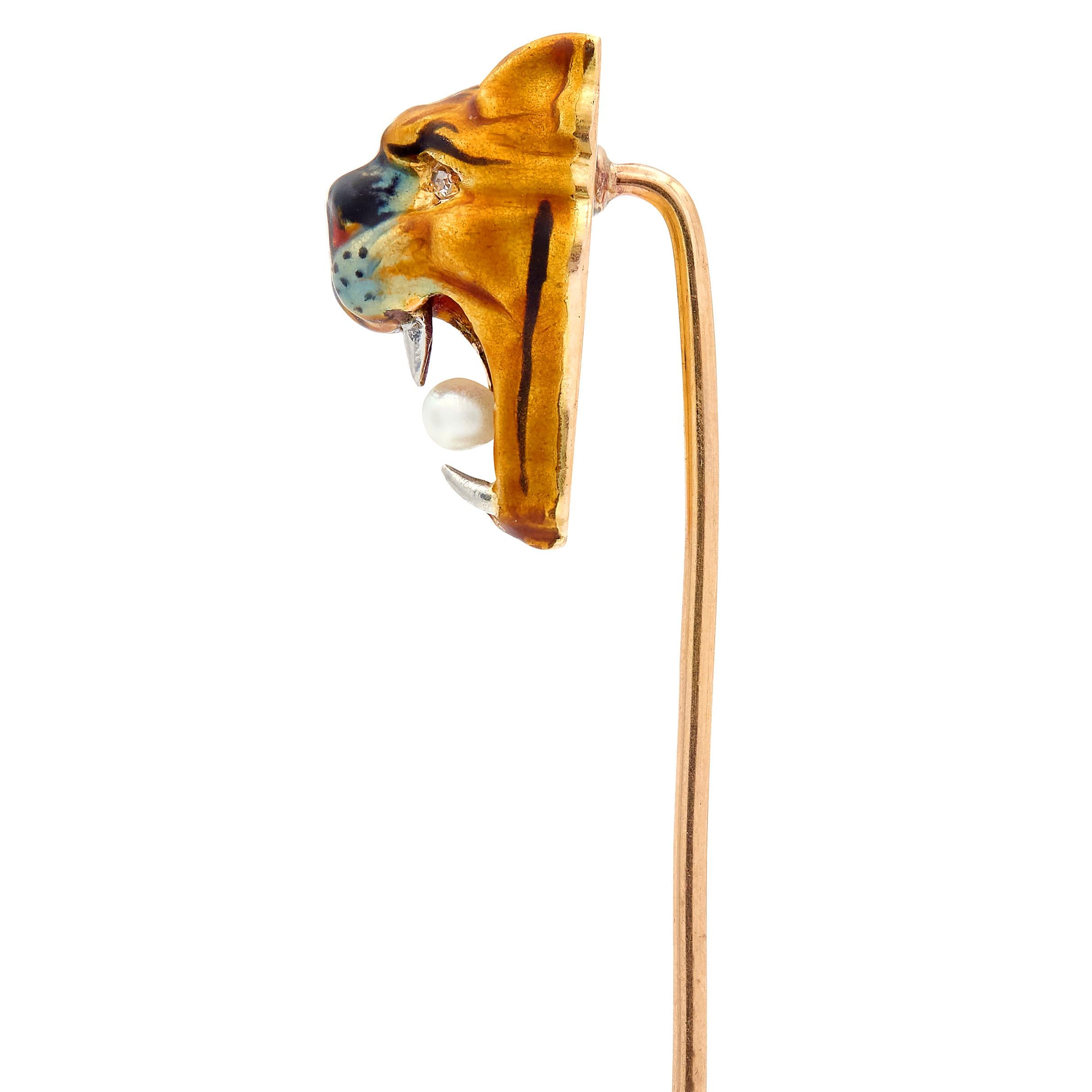 Edwardian Enamel Diamond Pearl 14K Rose Gold Platinum Antique Tiger Stickpin