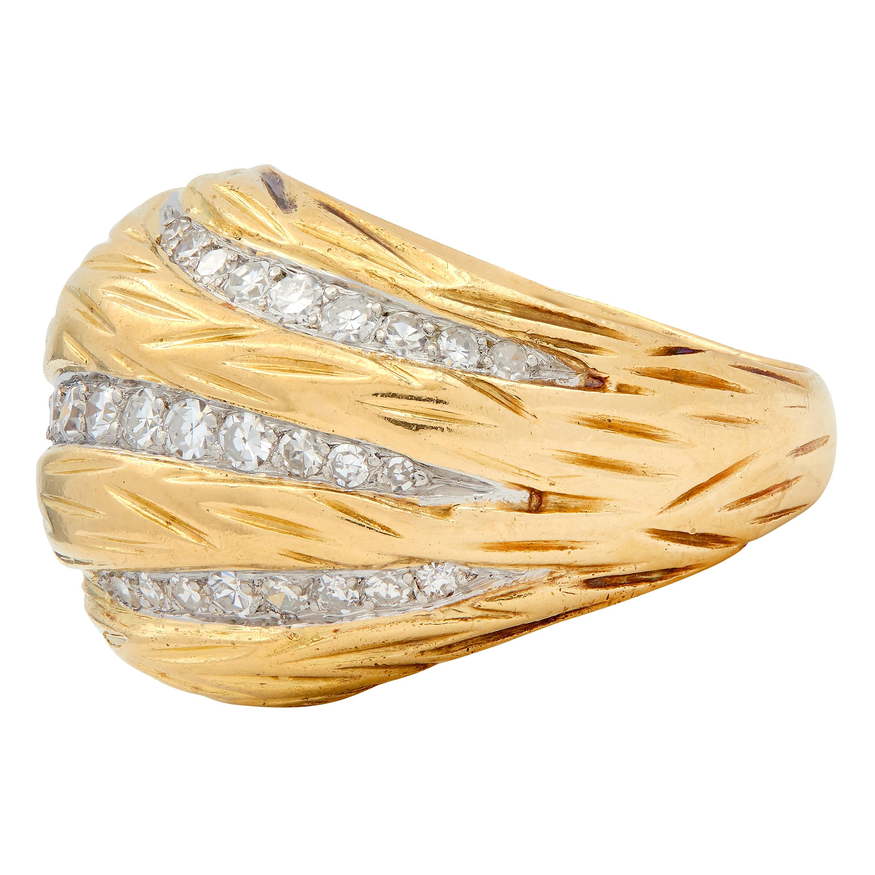 Mauboussin Paris 1960's Diamond 18 Karat Yellow Gold Platinum Vintage Dome Ring