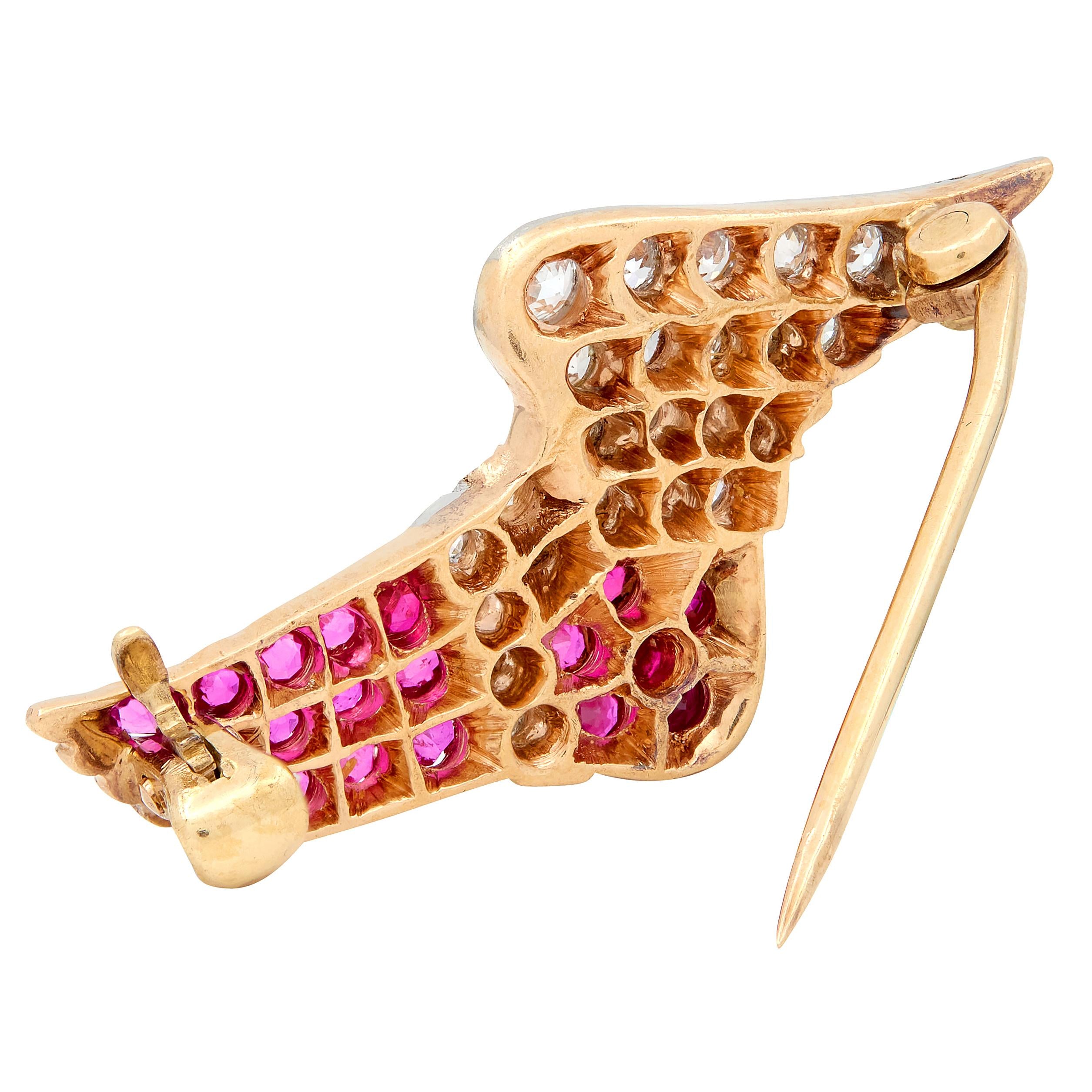 Edwardian Ruby Diamond 14 Karat Gold Platinum Antique Winged Hermes Foot Brooch