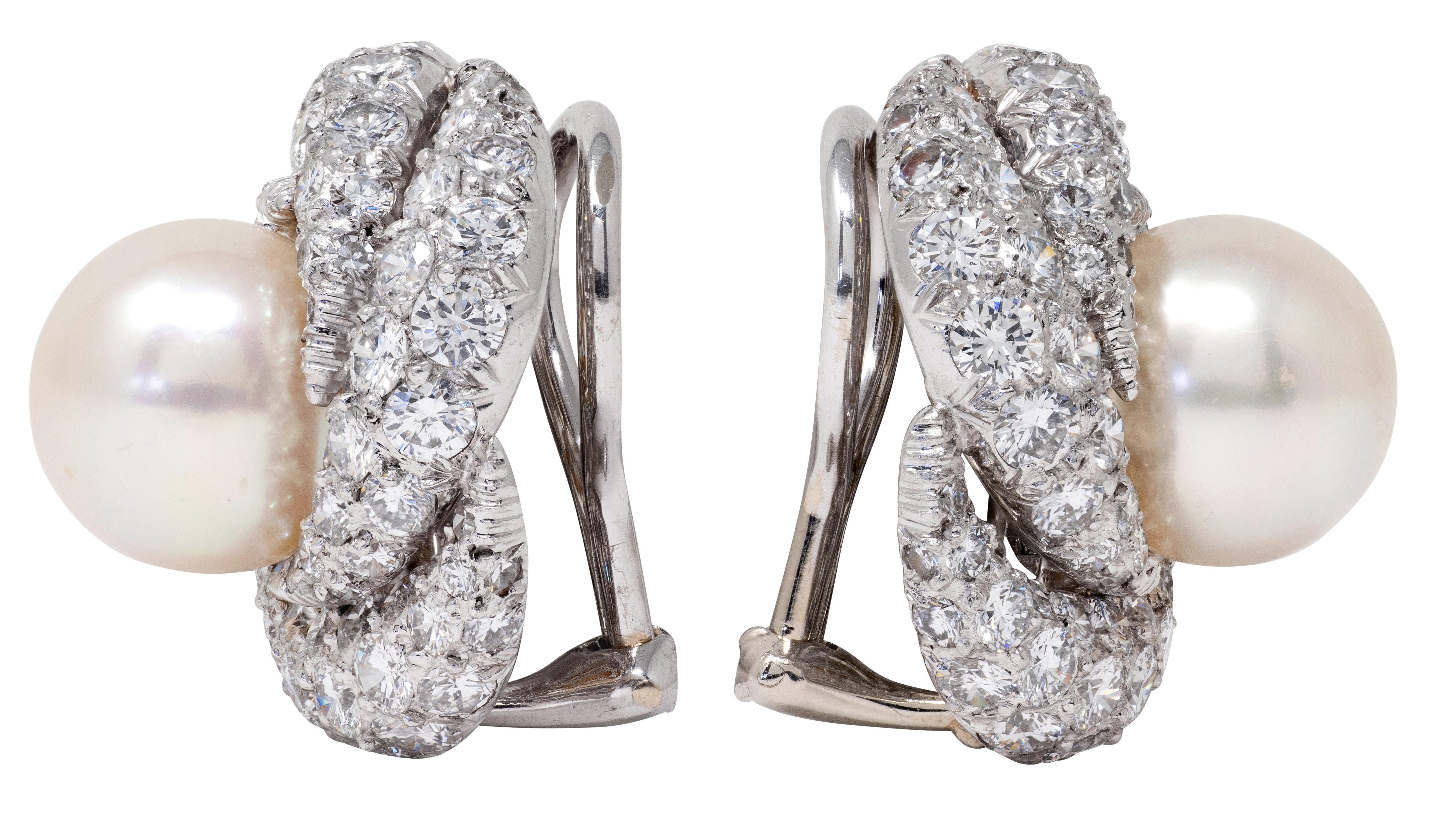 Mid-Century Diamond South Sea Pearl Platinum Vintage Pavé Swirl Ear-Clip Earring
