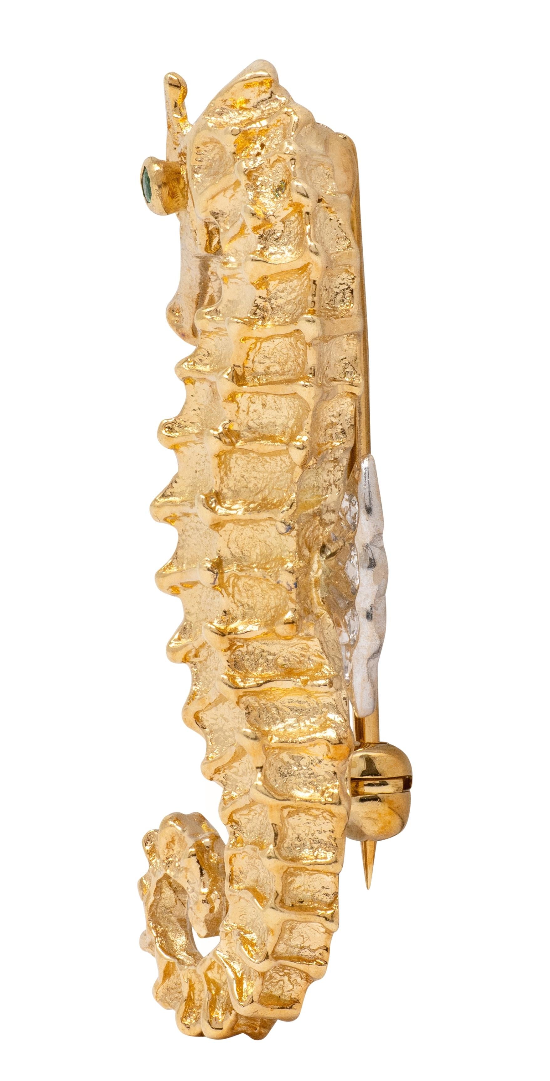 Tiffany & Co. 1996 Emerald Diamond 18K Two-Tone Gold Vintage Seahorse Brooch