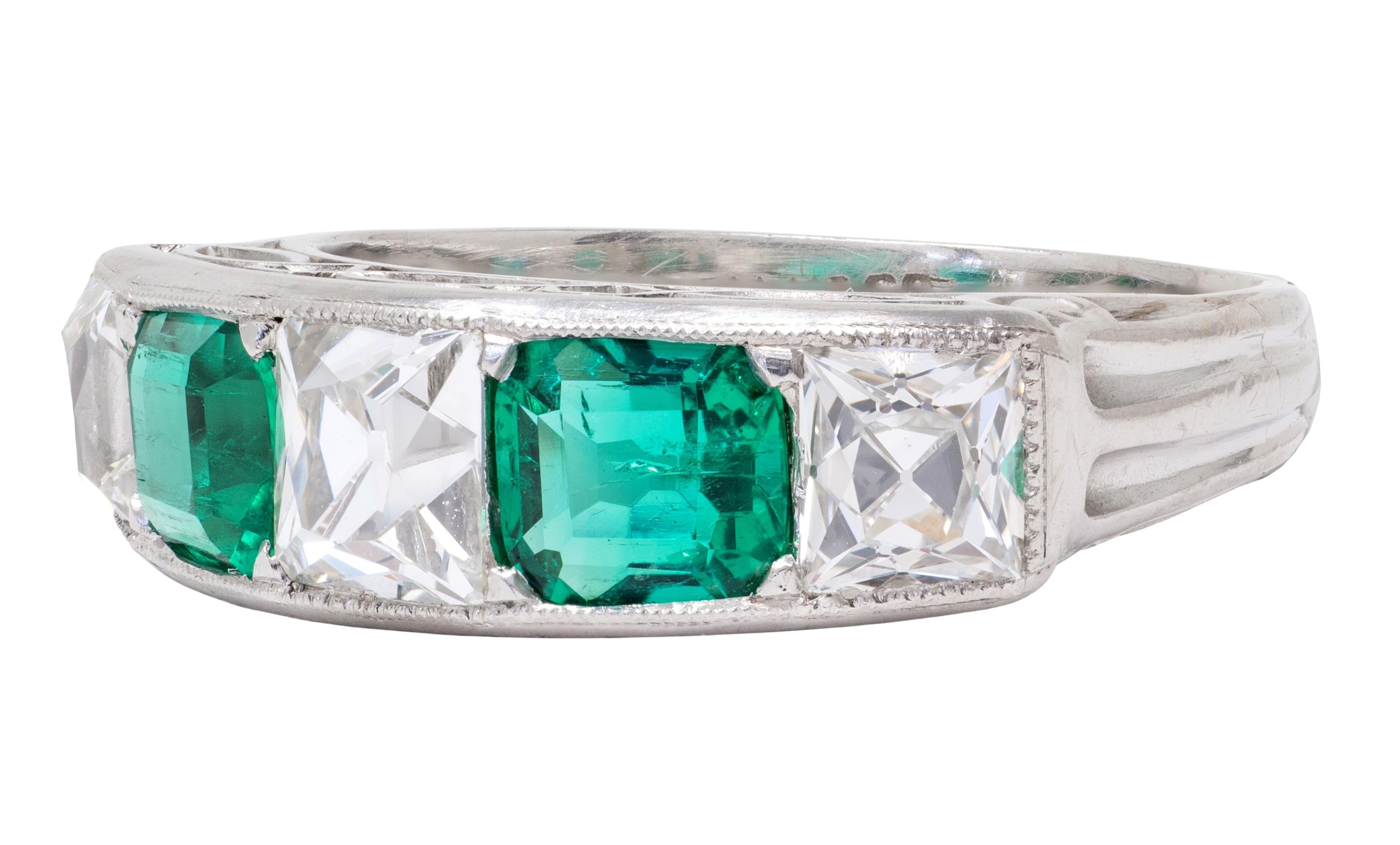 Tiffany & Co. Art Deco French Cut Diamond Emerald Platinum Vintage Band Ring