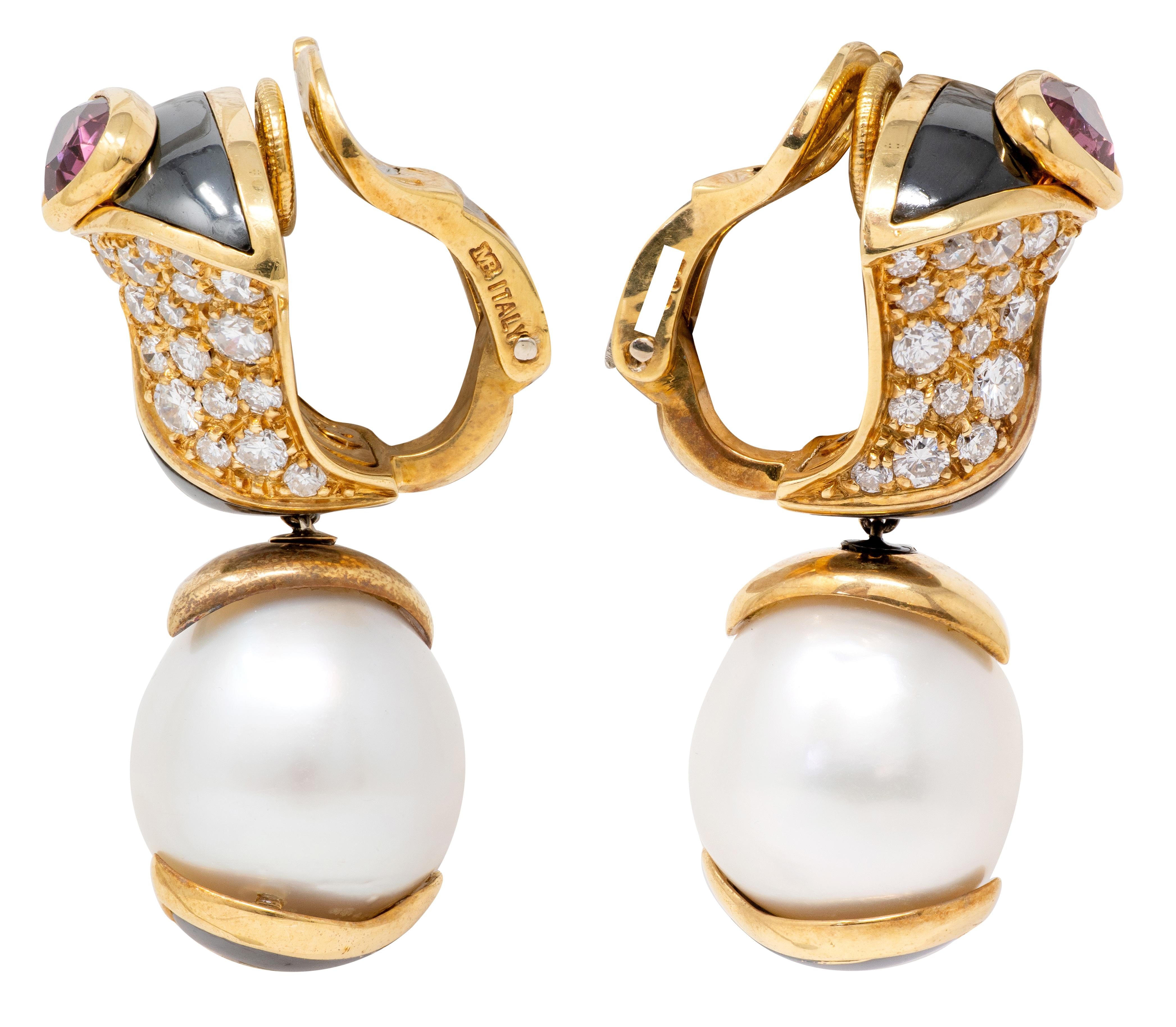 Marina B. 1986 Pearl Tourmaline Hematite 18K Gold Vintage Drop Ear-Clip Earrings