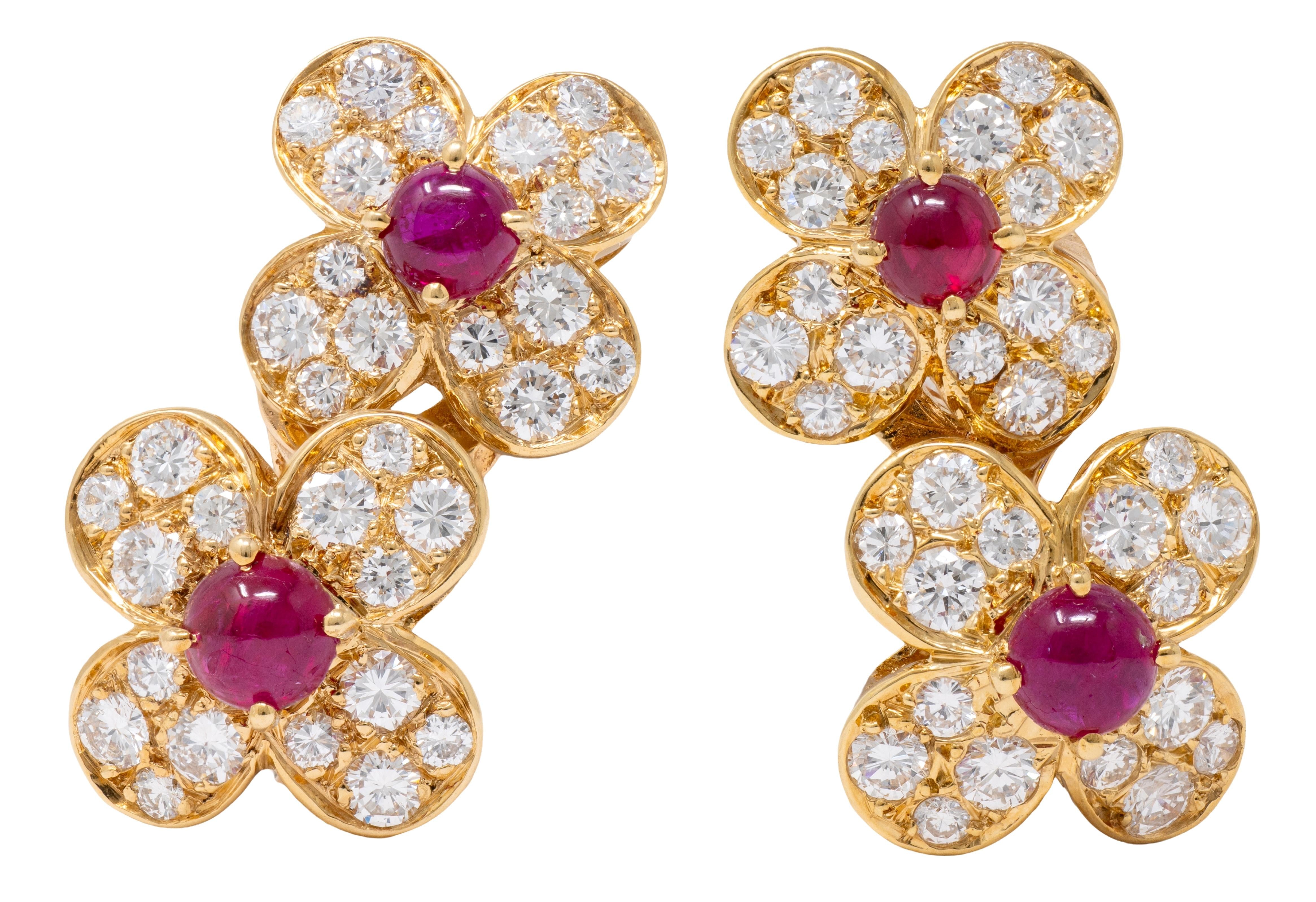 Van Cleef & Arpels French Diamond Ruby 18K Gold Vintage Trefle Ear-Clip Earrings