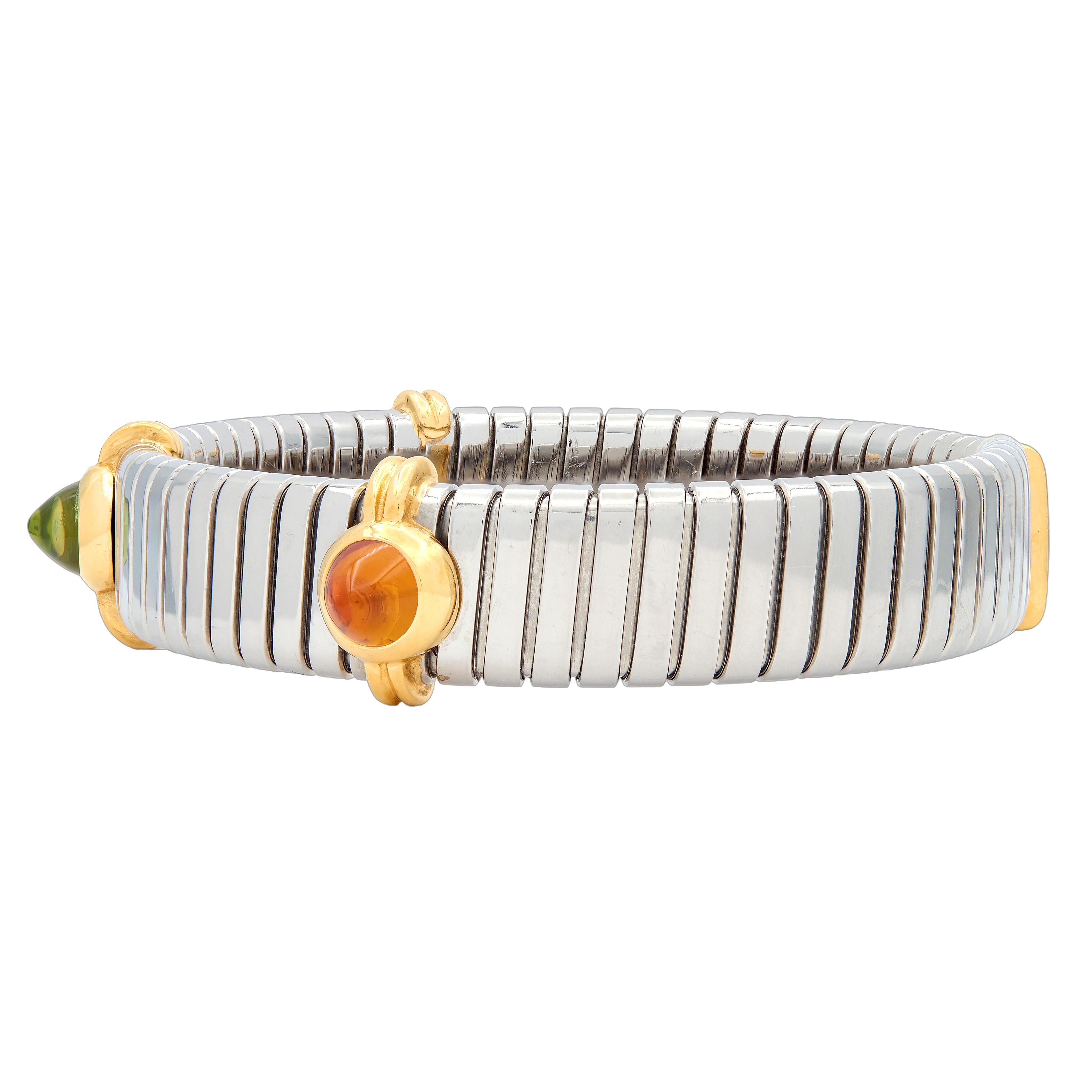 Bulgari 1980's Multi-Gem 18K Yellow Gold Steel Vintage Tubogas Cuff Bracelet