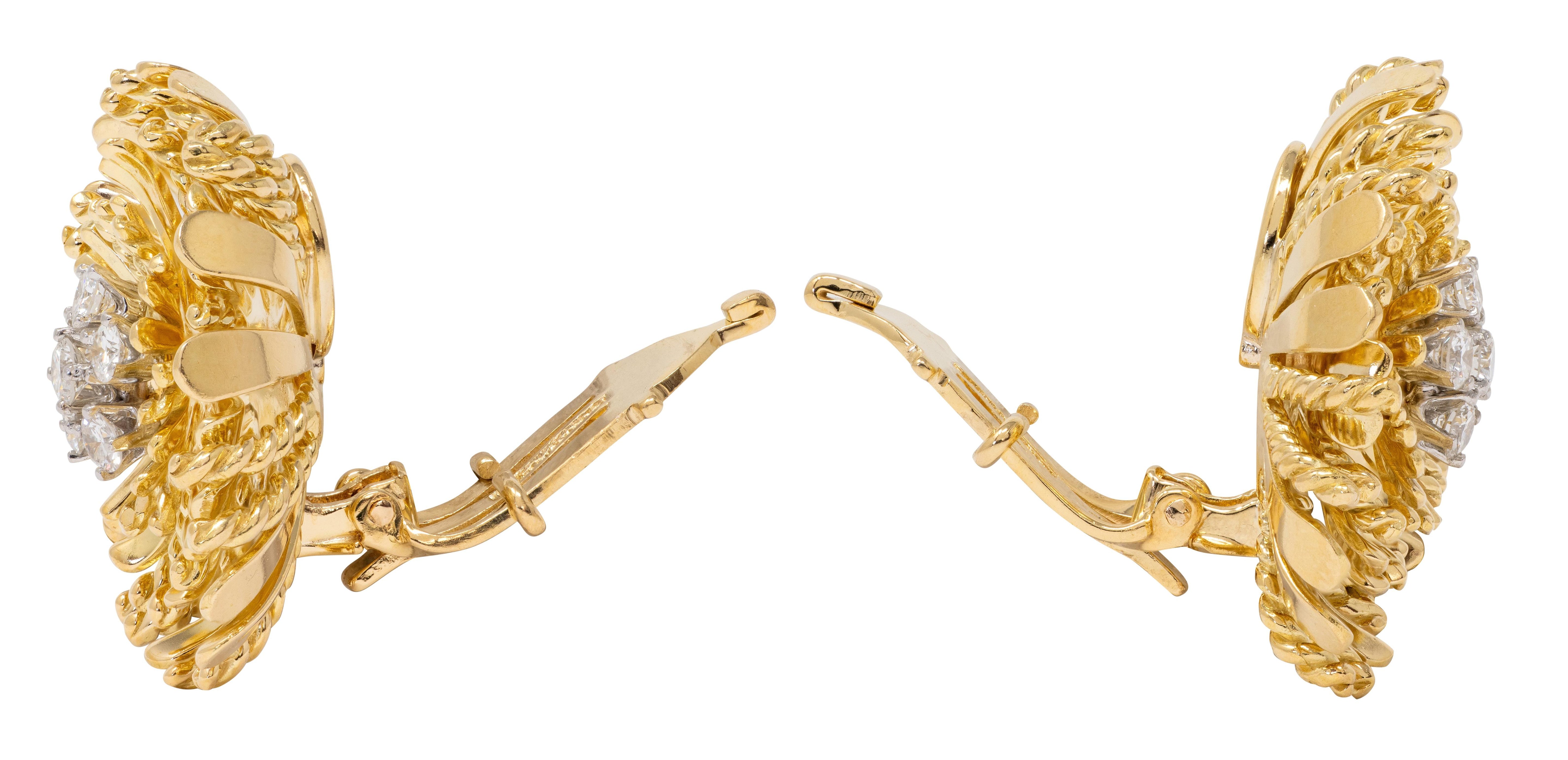Cartier 1960's Diamond 18K Gold Platinum Vintage Rope Flower Ear-Clip Earrings