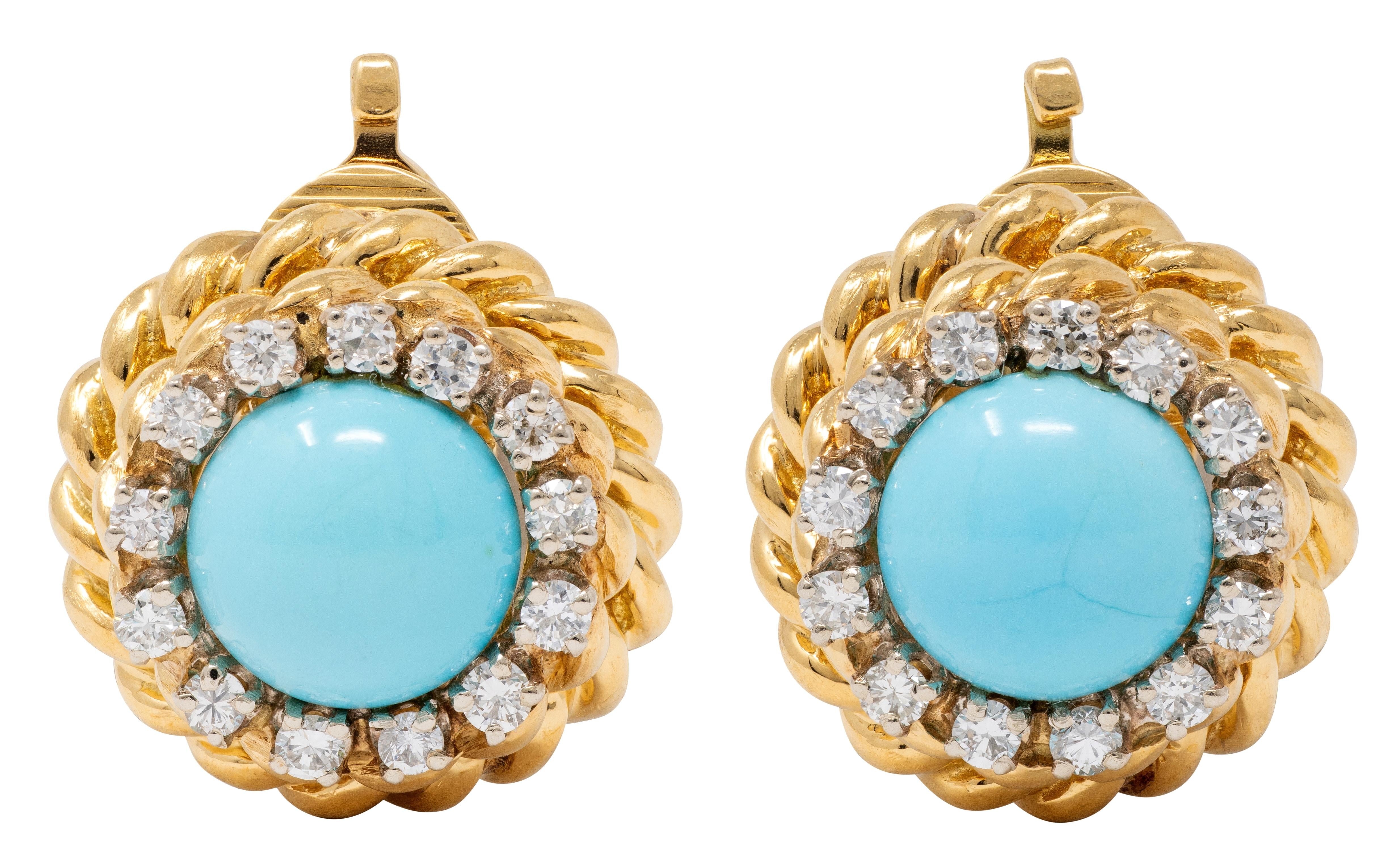 Tiffany & Co. 1960s Turquoise Diamond 18K Gold Vintage Twisted Ear-Clip Earrings