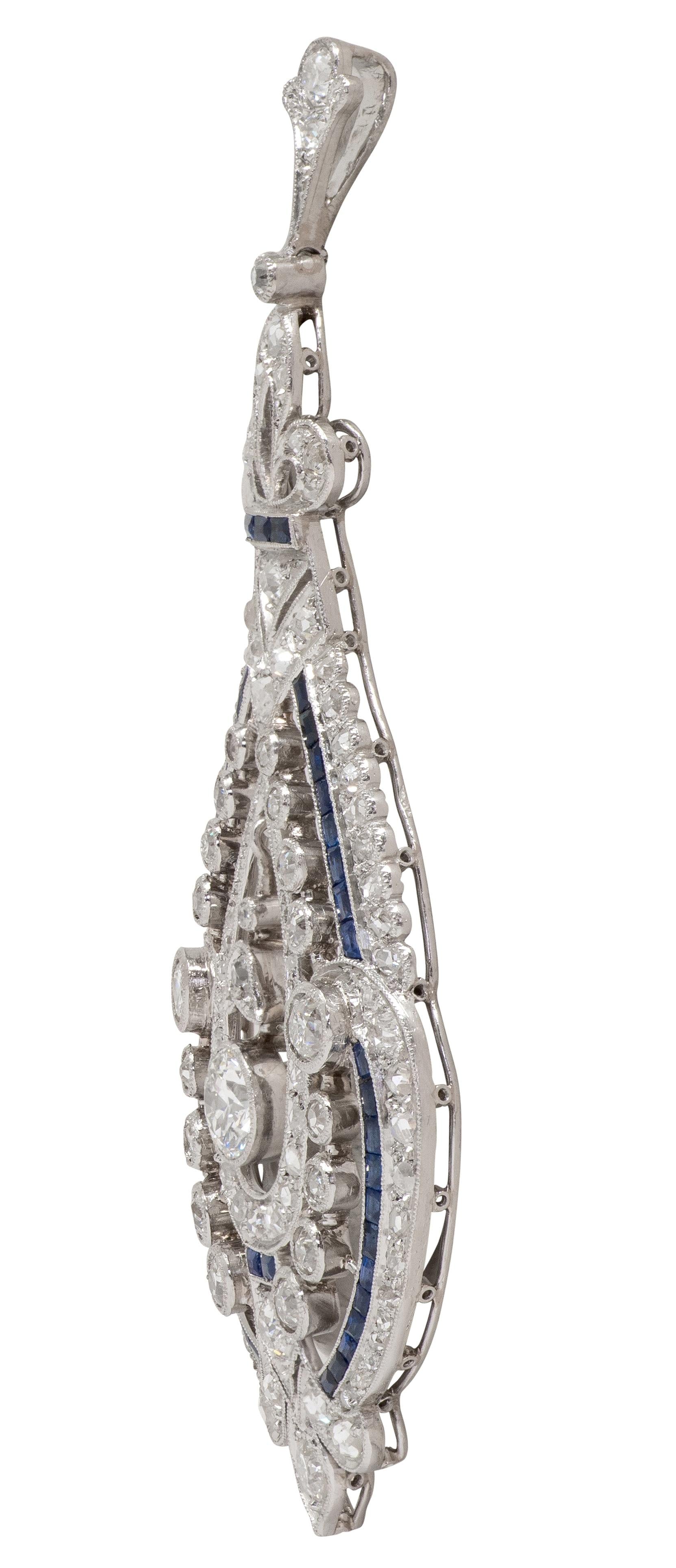 Art Deco French 3.80 CTW Diamond Sapphire Platinum Vintage Fleur-De-Lis Pendant
