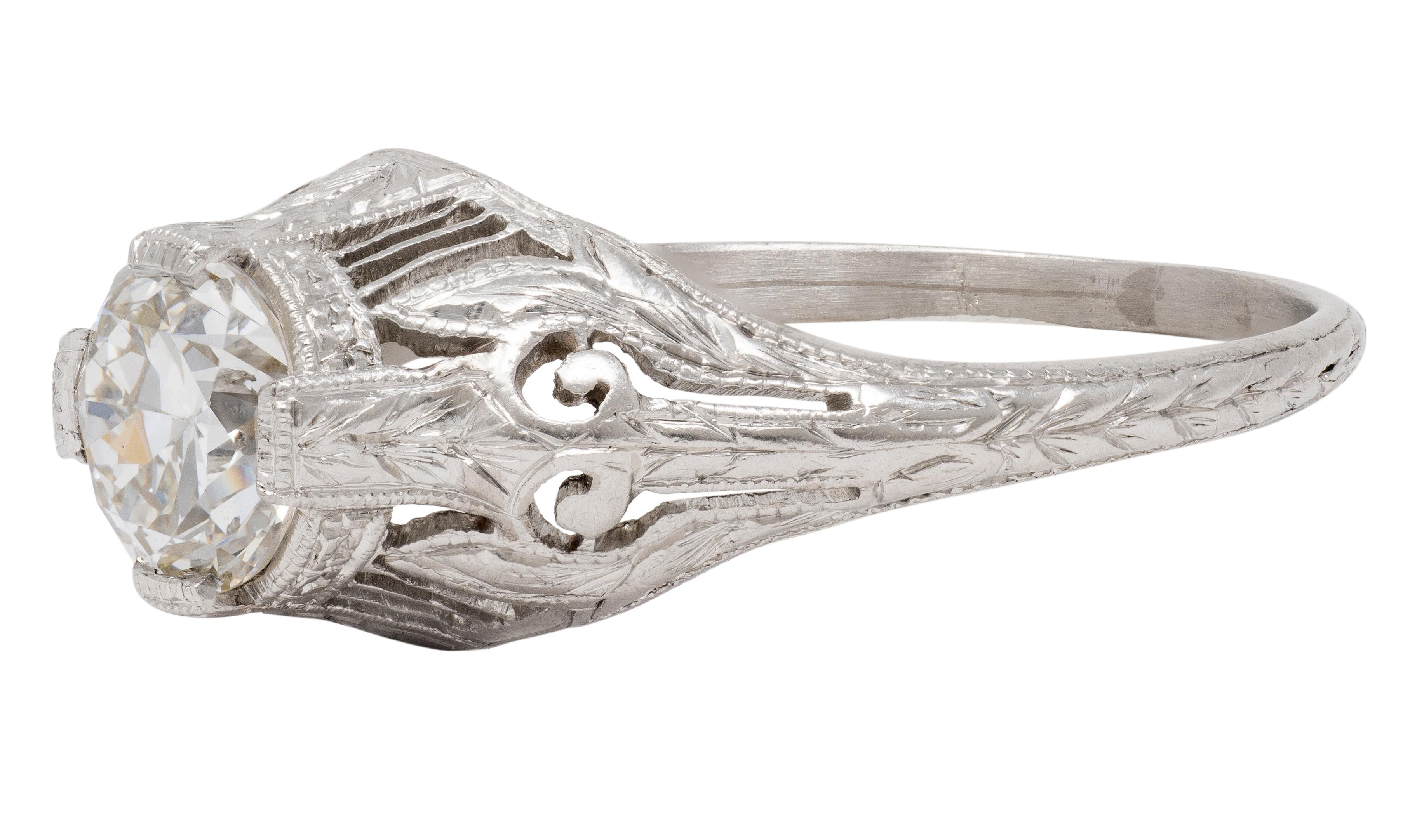 Art Deco Old European Diamond Platinum Vintage Scrolling Wheat Engagement Ring