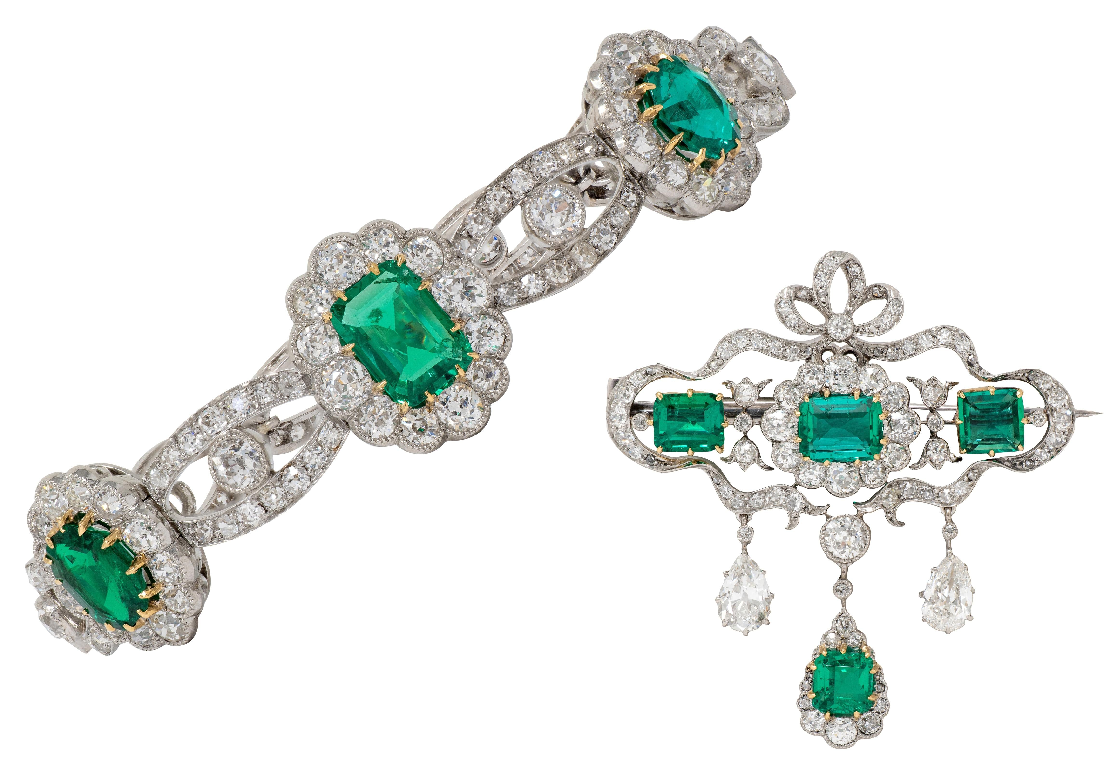 Carrington & Co. 1910 Emerald Diamond 18K Gold Platinum Antique Bow Parure Set