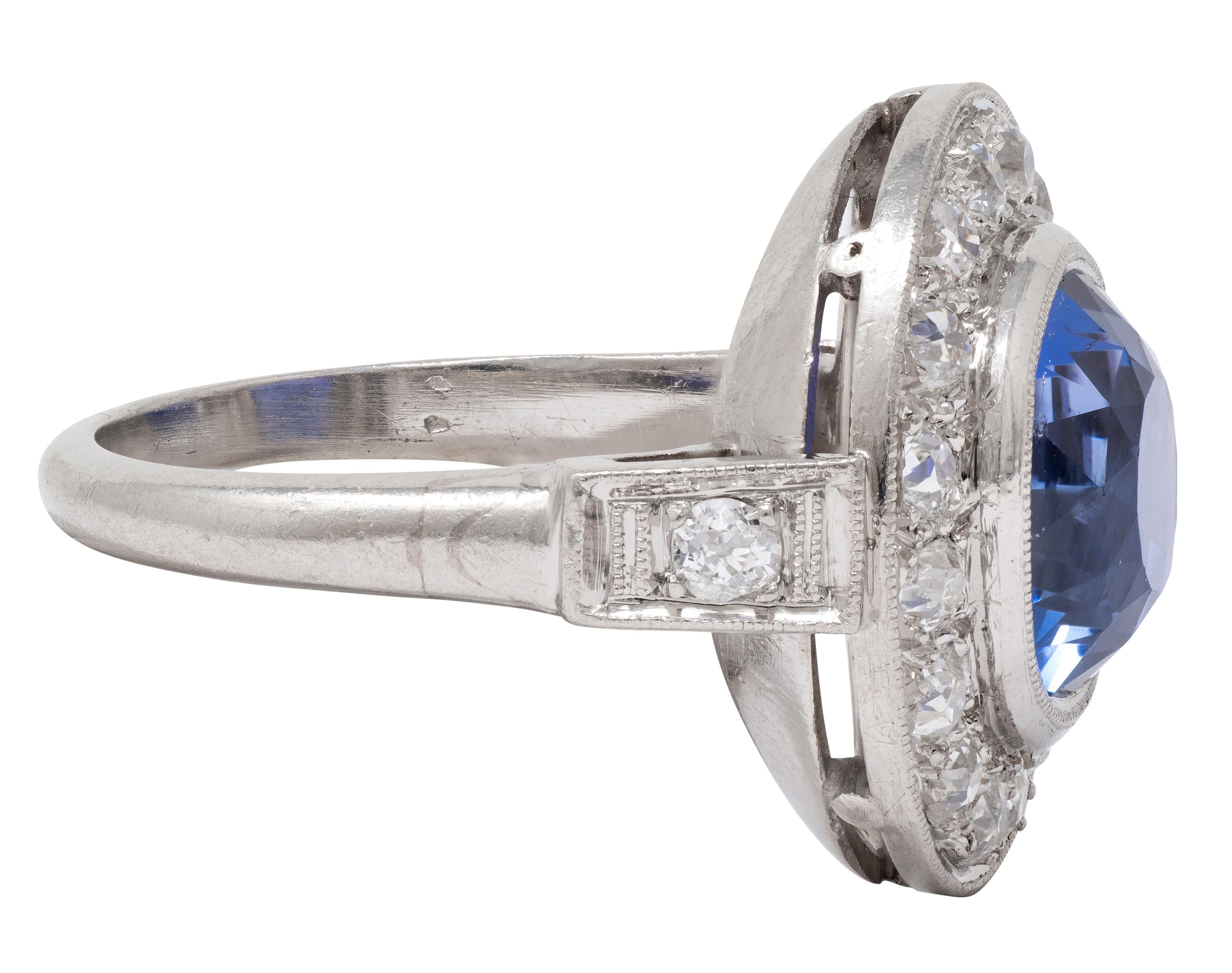 Art Deco 4.80 CTW No Heat Ceylon Sapphire Diamond Platinum Vintage Halo Ring GIA