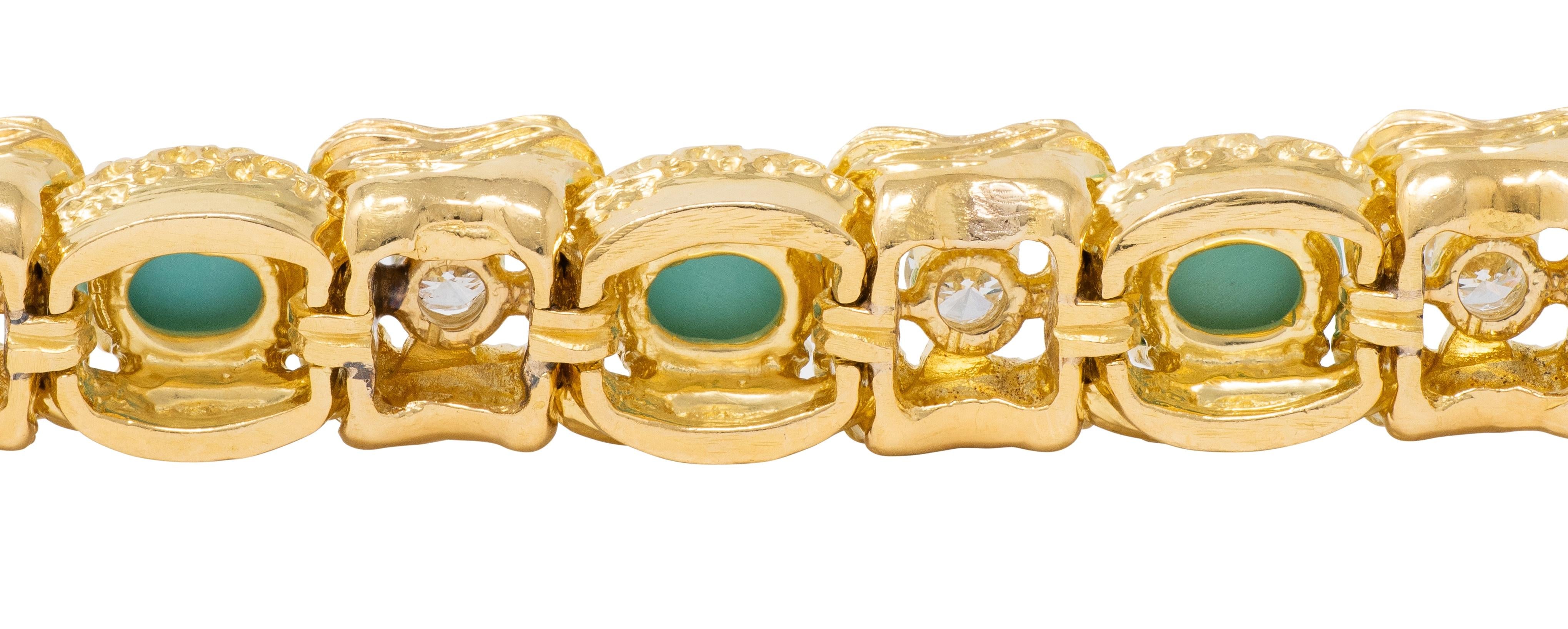 Vintage 1970's Diamond Turquoise 18 Karat Yellow Gold Link Bracelet