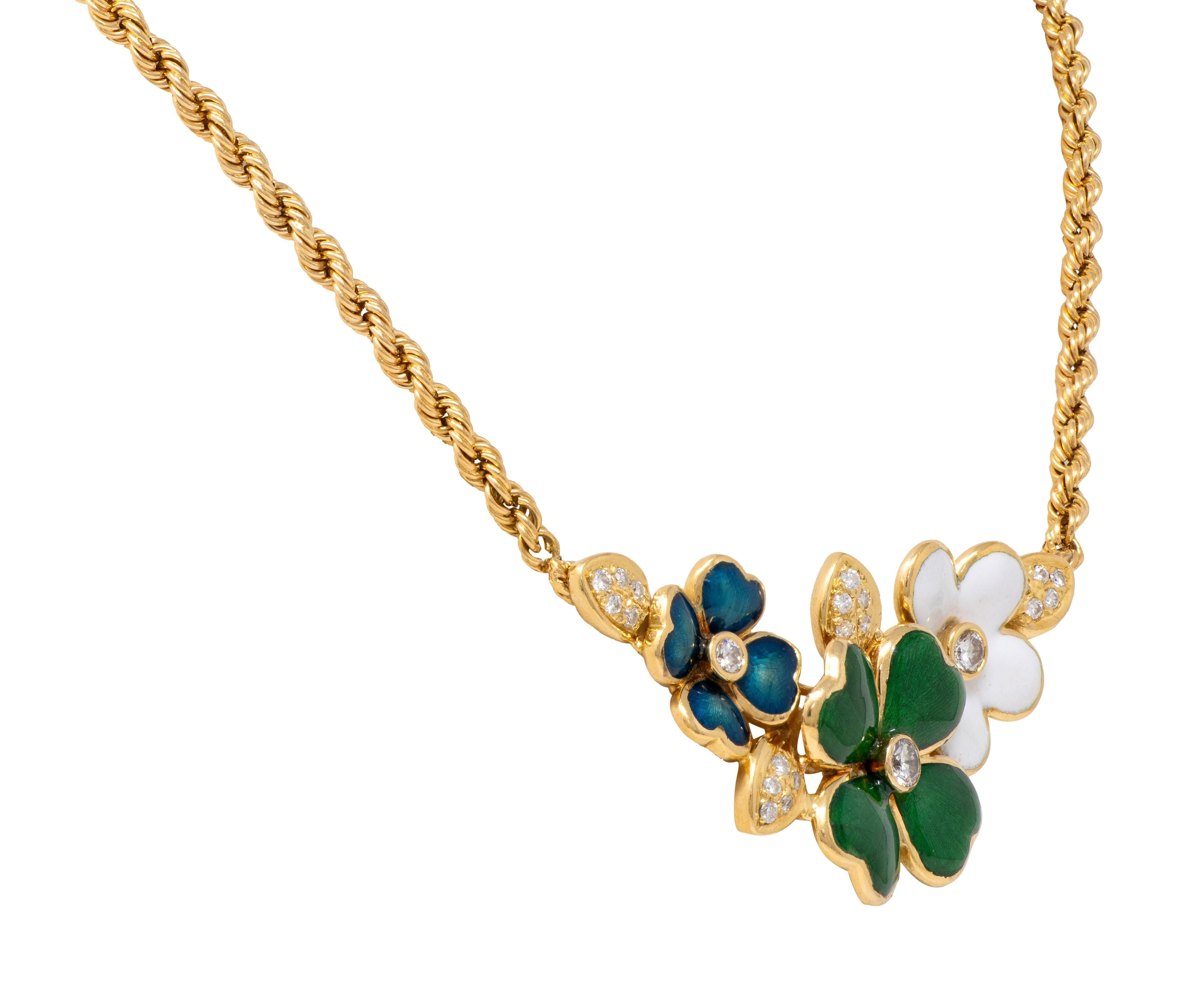 Boucheron Diamond Enamel 18 Karat Yellow Gold Vintage Floral Station Necklace