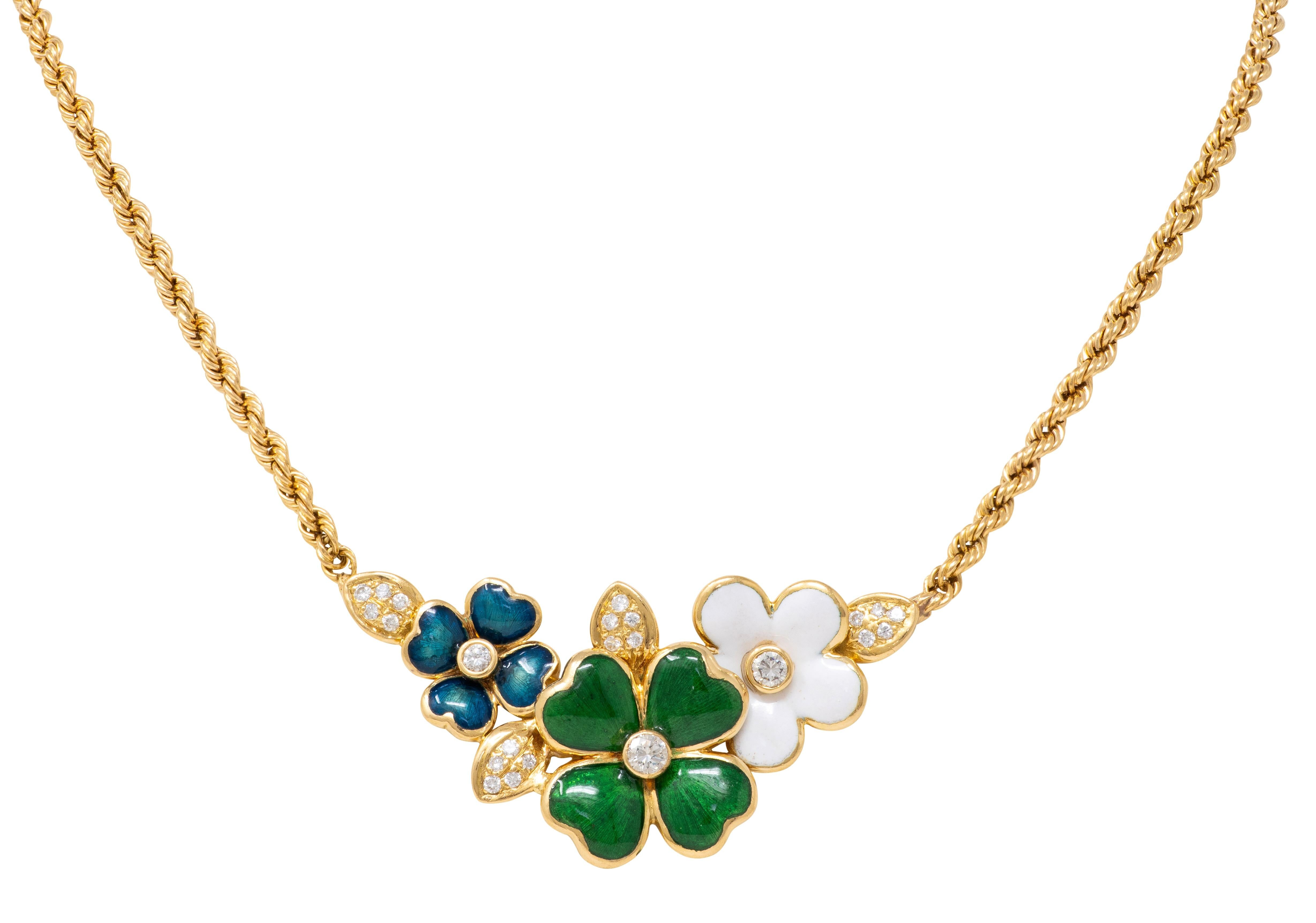 Boucheron Diamond Enamel 18 Karat Yellow Gold Vintage Floral Station Necklace