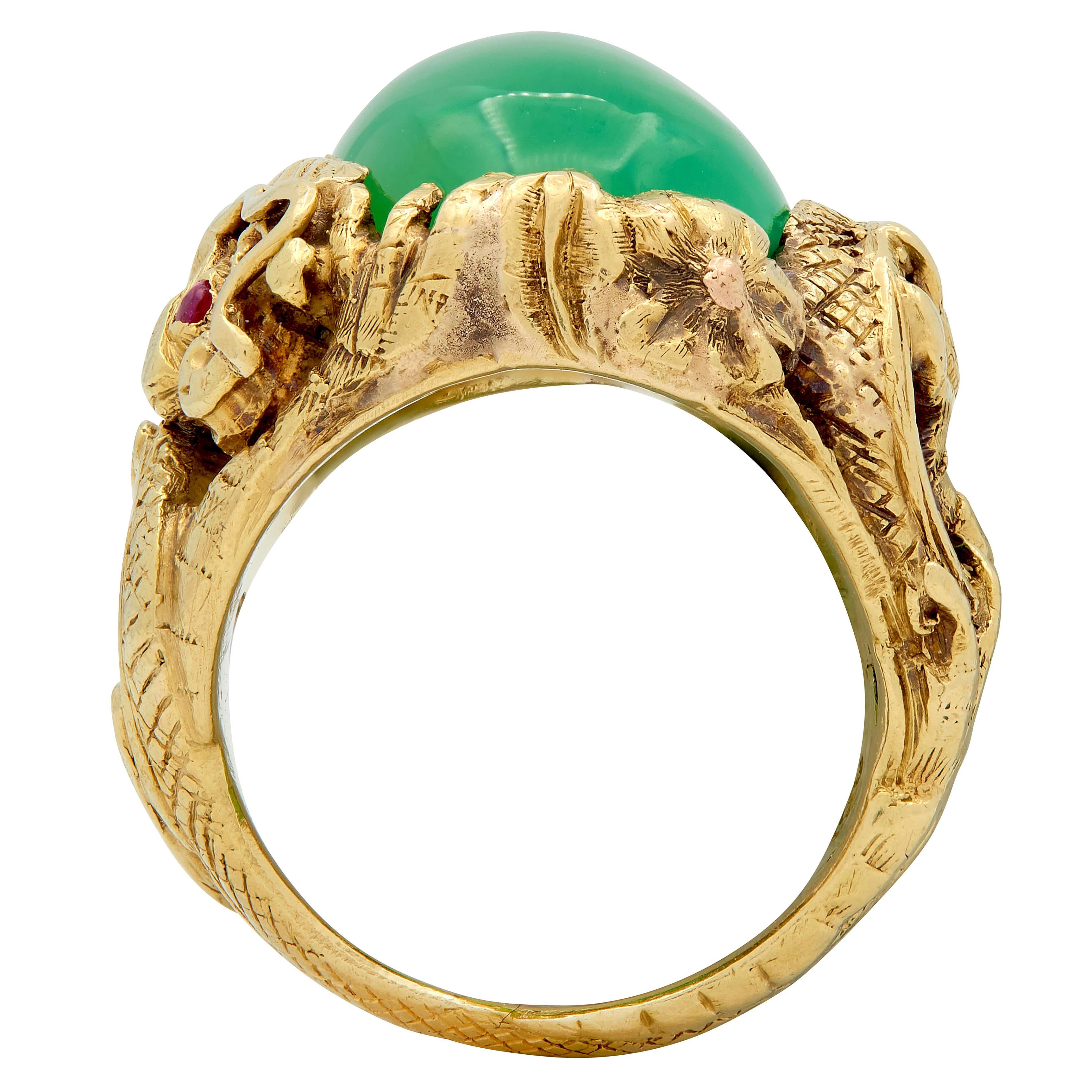 Art Nouveau Jadeite Jade Ruby 18 Karat Yellow Gold Dragon Antique Ring GIA