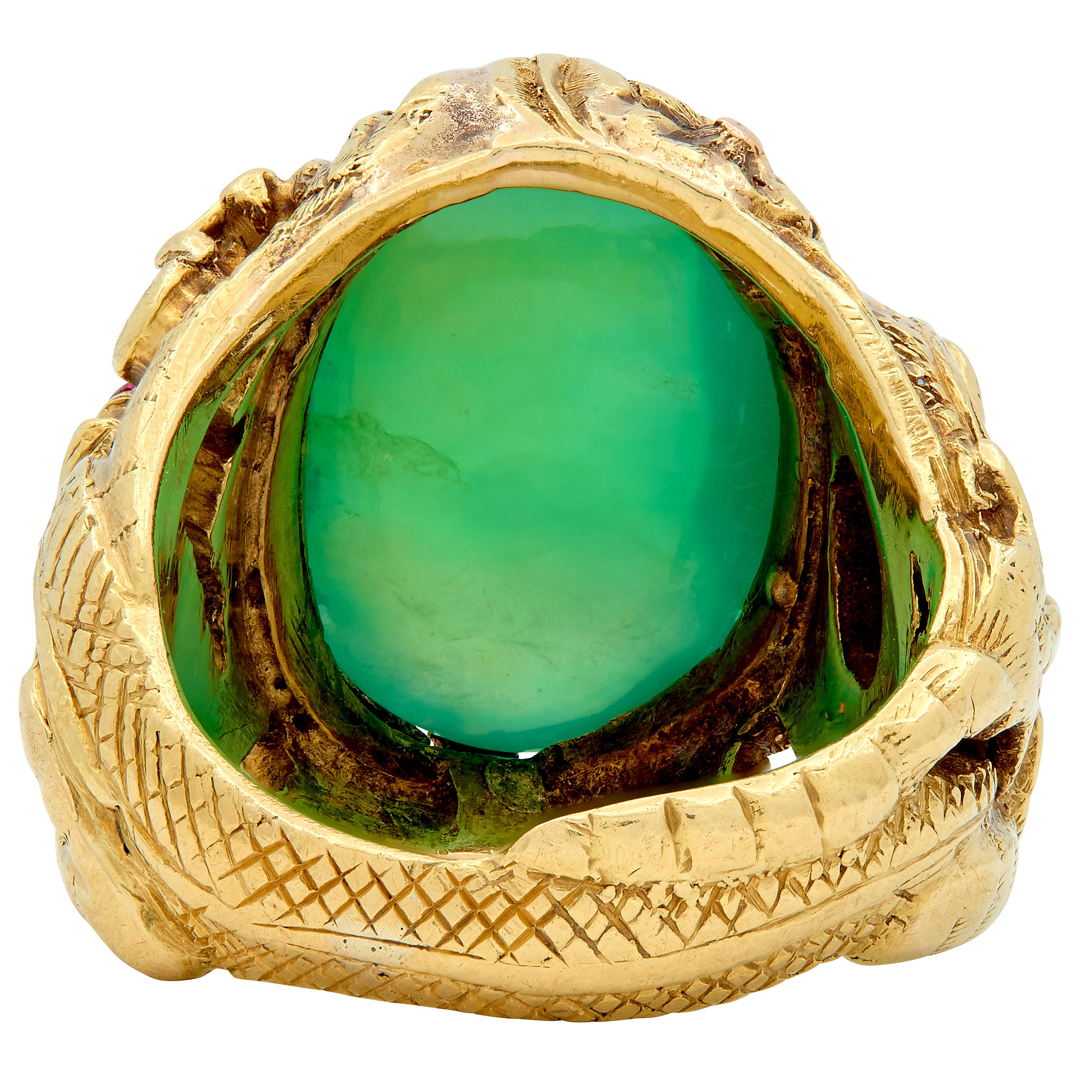 Art Nouveau Jadeite Jade Ruby 18 Karat Yellow Gold Dragon Antique Ring GIA