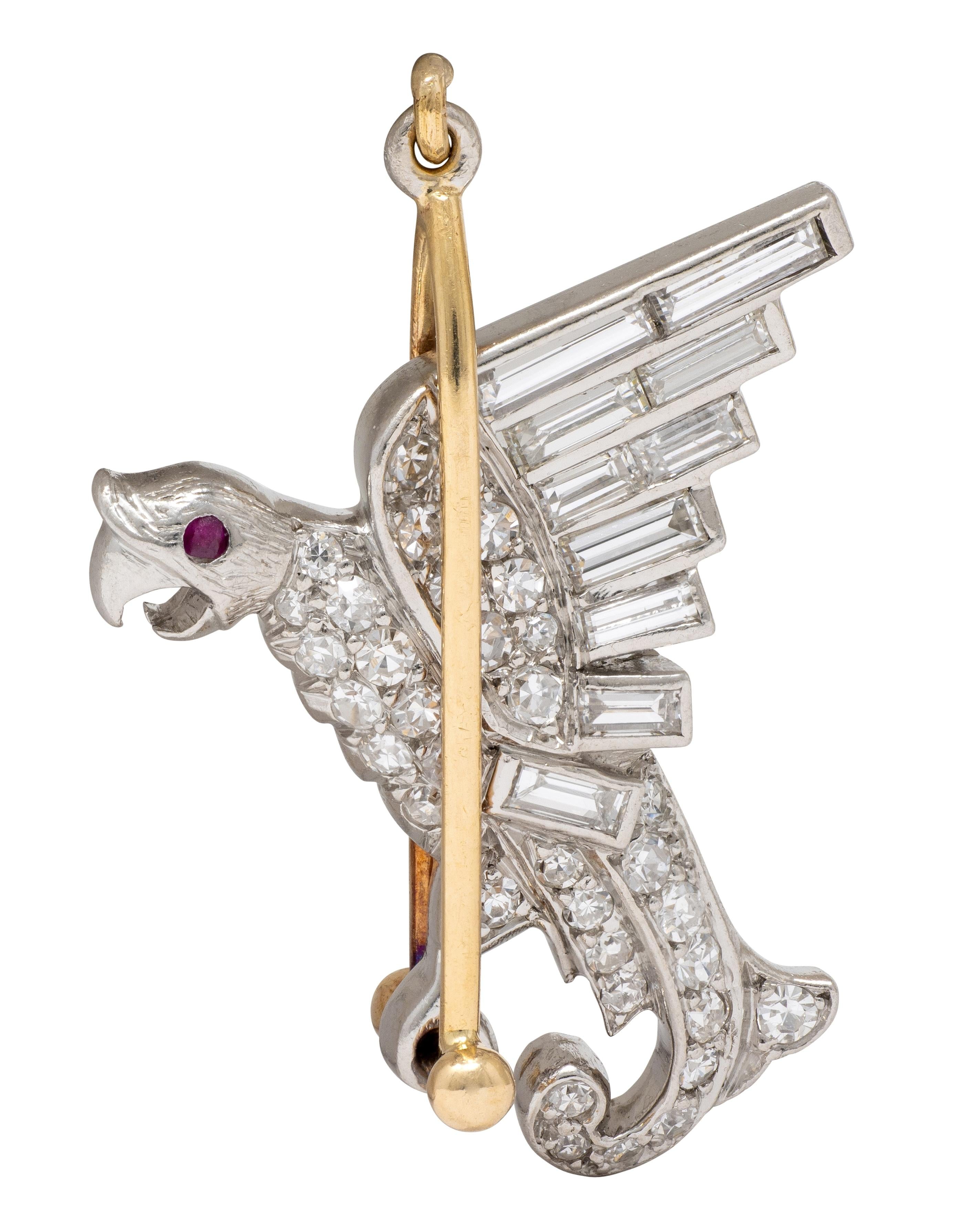 Art Deco Diamond Ruby 18 Karat Yellow Gold Platinum Vintage Parrot Bird Charm